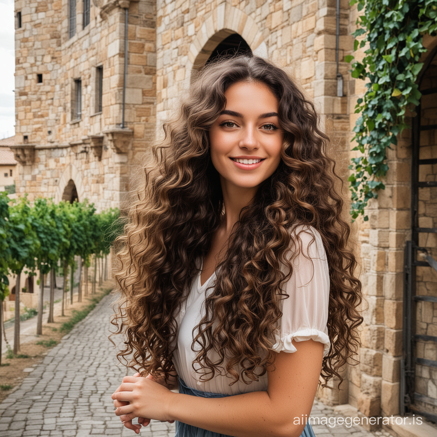 Girl with long curly hair in aesthetic luxury castle winery