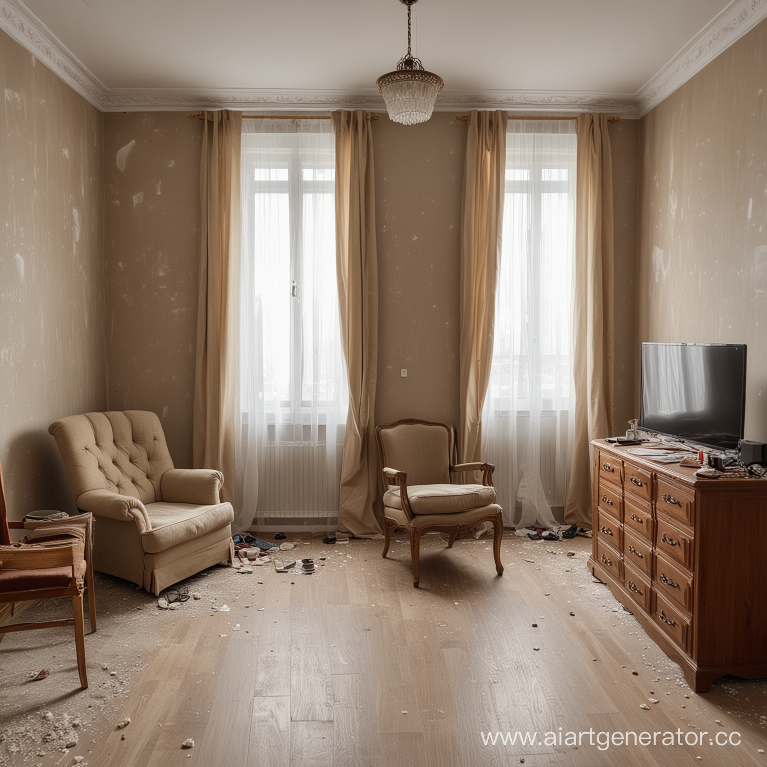 квартира обставленная мебелью - шкафы, кресла, стол, стулья, людей нет, пусто, давно никто не живет, везде пыль, вещи разбросаны, фото на стенах
