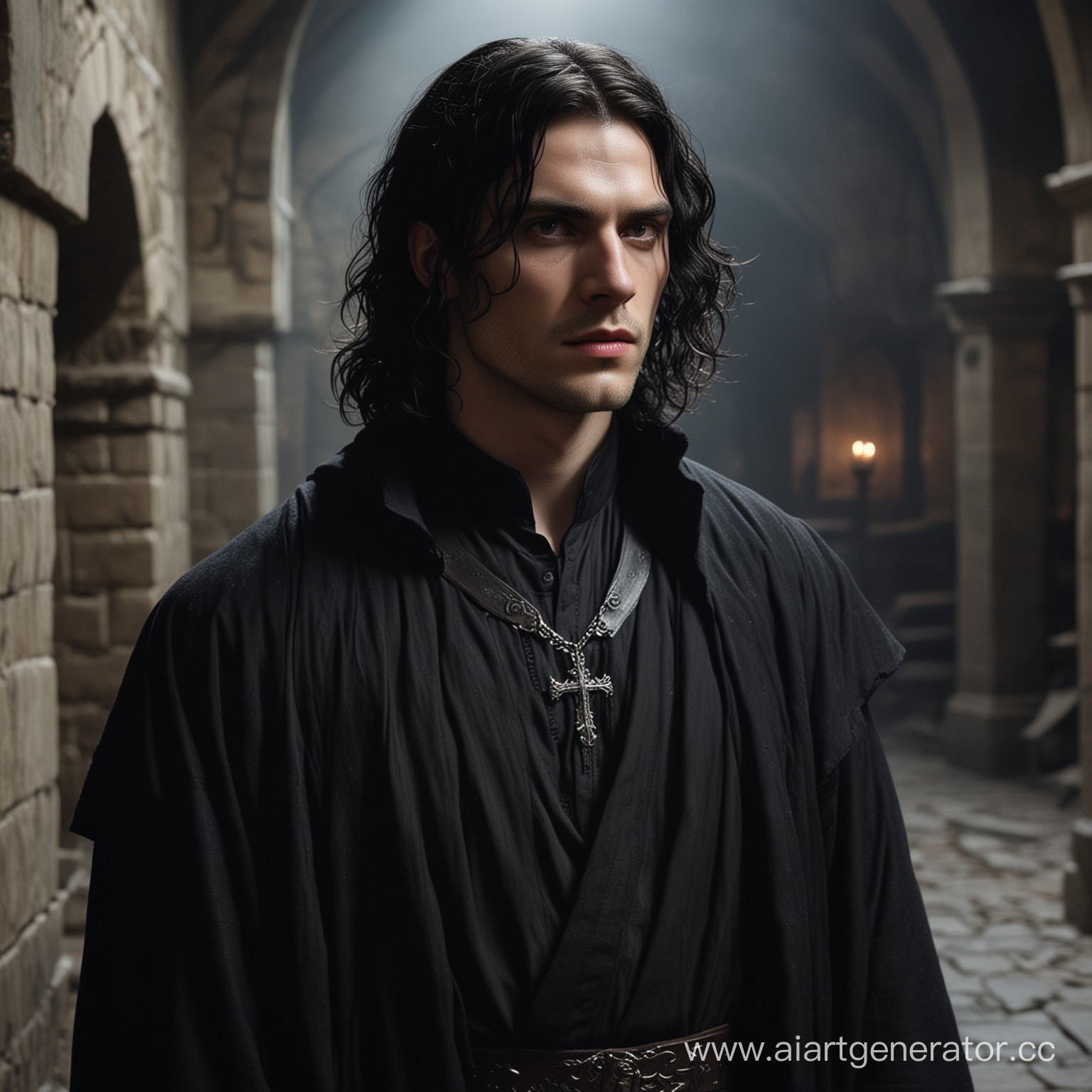 inquisitor; man; thin; pale skin; black wavy shoulder-length hair; tired look; in the style of 12th century England; black robes; realism; in the basements of the church; vampire