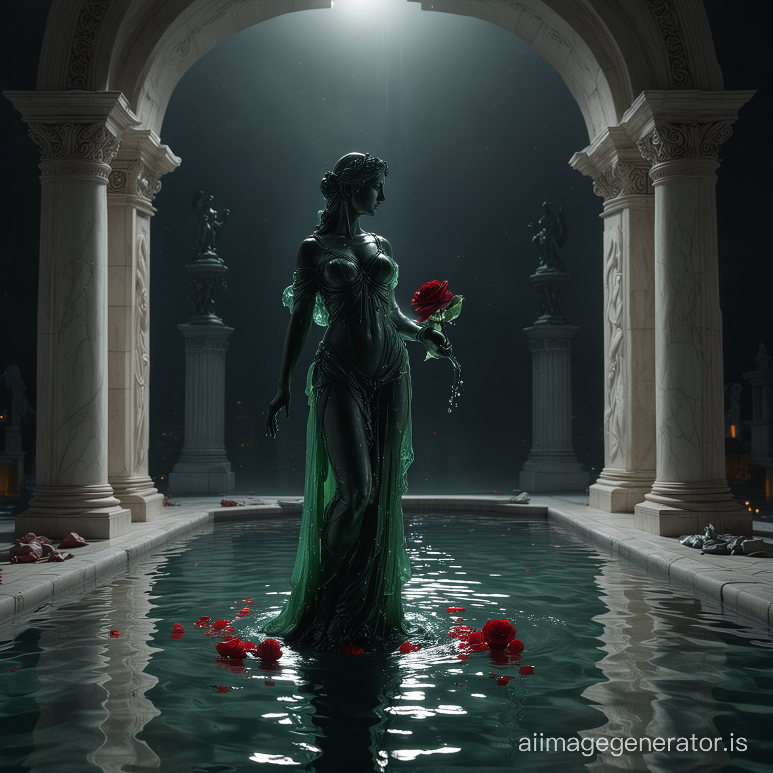 dark night lite by a large full moonlight with mista realistic statue of a princess goddess made of green clear glass holding a red glass rose standing under a marble arch in a clear pool of water in uhd 
