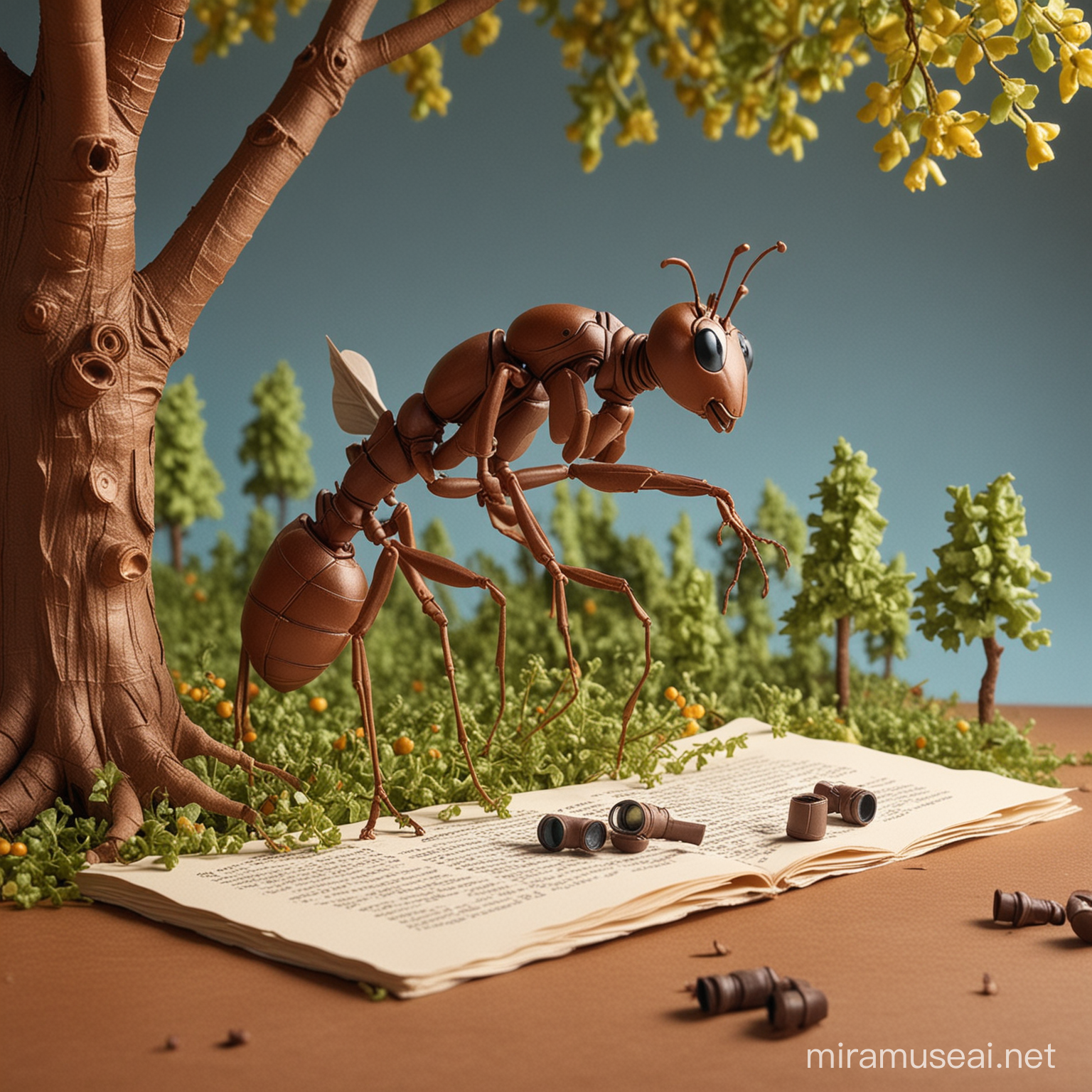 a  realistic ant, ant eyes has gaint binoculars hanging from the sky with lighting, made up of paper in a paper shape and colors  should look like wonderland, humans in pastels worshipping ant, tables made-up of pure chocolate, macaroni as trees which are pastel color, town should look realistic and high detailed paper place