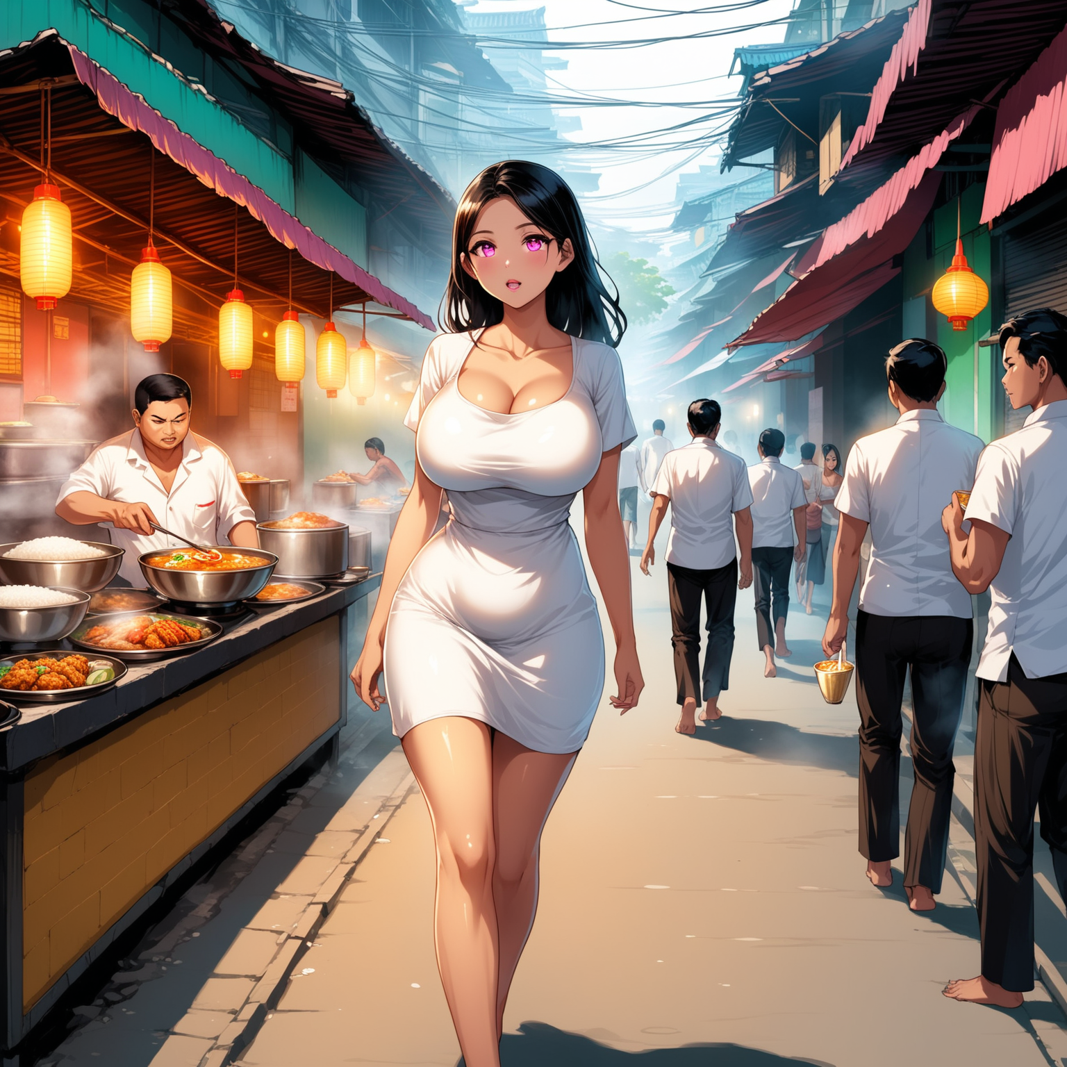 A skinny beautiful Indonesian woman craving food walking in Jakarta alley, dressed in a white shirt and white dress, long black hair,, glowing and steamy, huge breasts, skinny body, glowing pink eyes, warung with cook, street food parlours with random people, a hypnotised cook offering a bowl of rice to the woman 