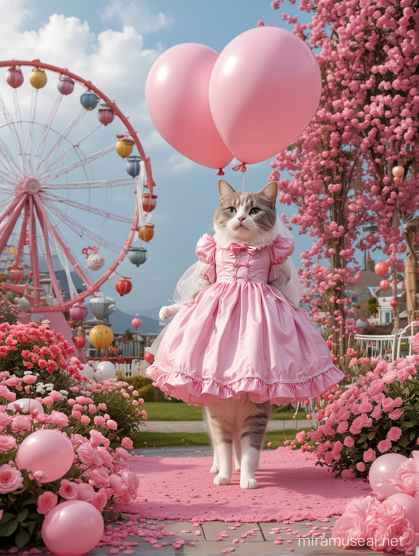 A grey and white Maine cat, wearing a pink lolita style dress, light blue eyes, wearing pink leather shoes on the feet, with a veil, proposal scene, pink balloon decoration, large love balloon modeling, colored lights, pink flower garden, feeling of love, large advertising painting background, Ferris wheel, full of atmosphere, outdoor nature, real, photorealistic, super detail, Ultra Detail, 4k, 8k-ar 3:4-v 6.0