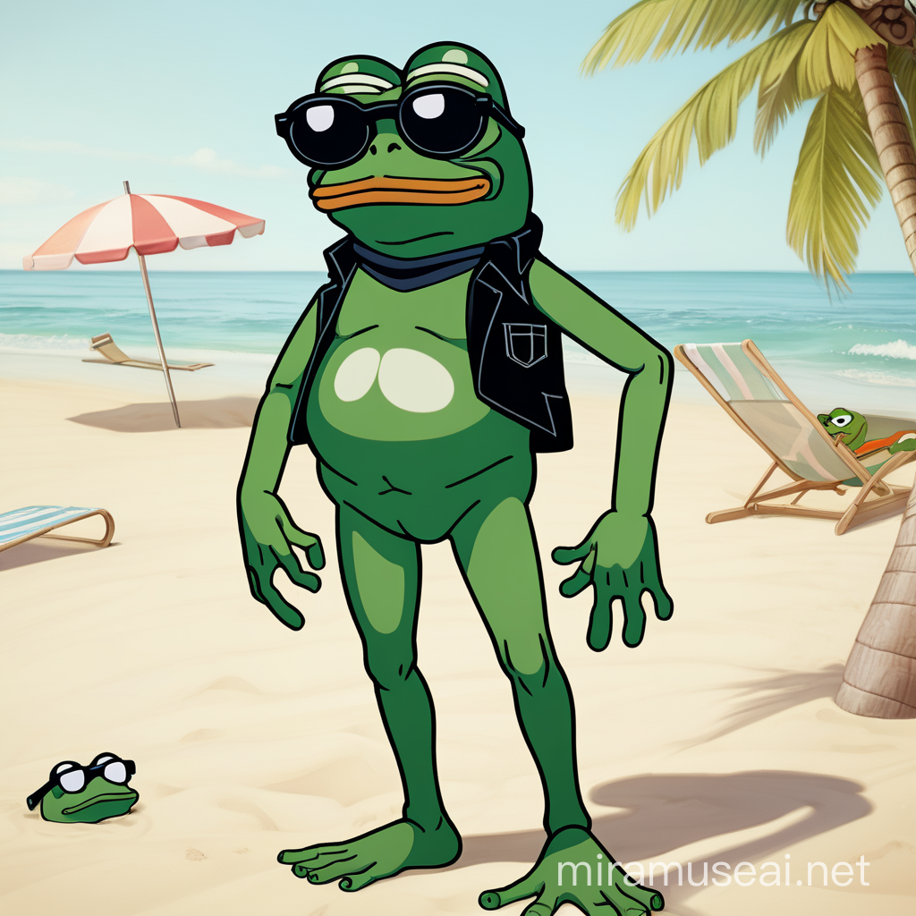 Pepe the Frog Full Body Standing in Beach Attire with Smug Black Glasses