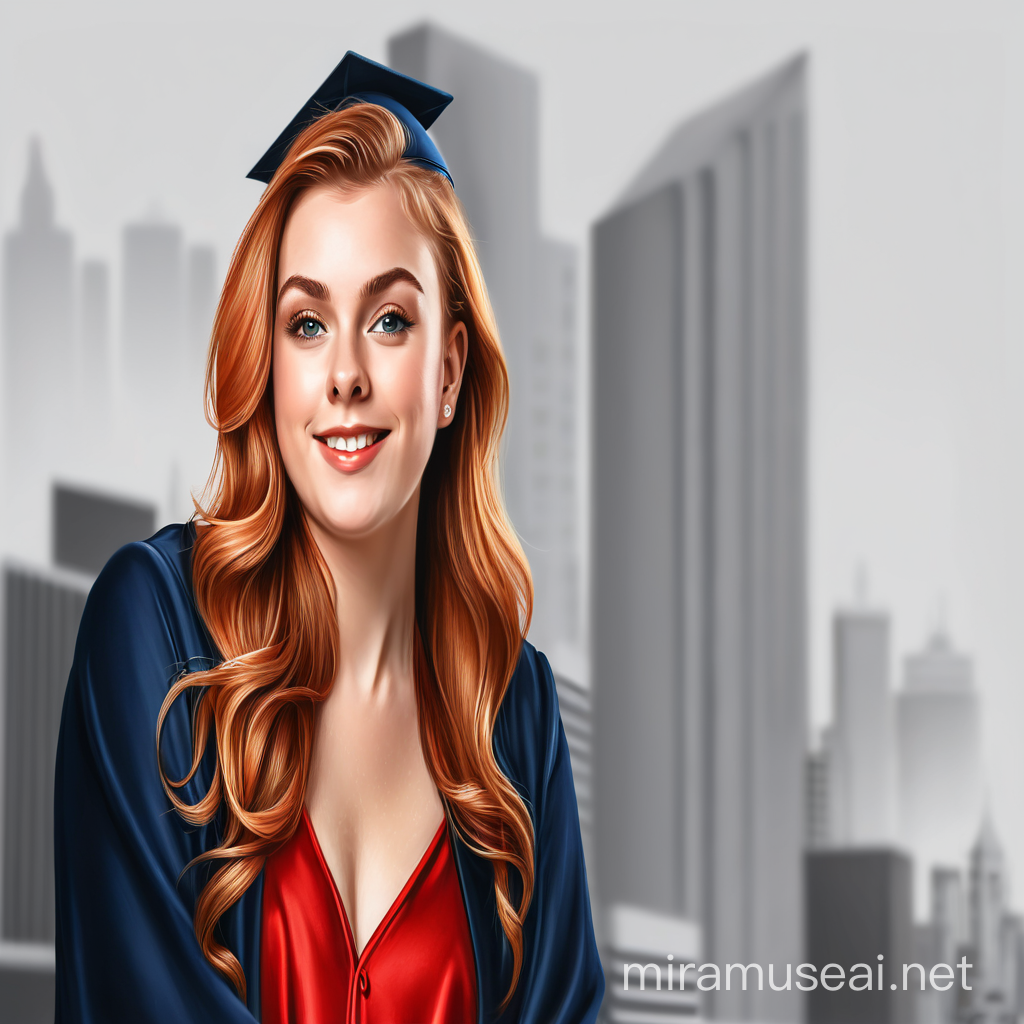 Create a super airbrush glossy oil ink brush illustration of a young girl with fair skin and long curly blonde red hair. Almond-shaped eyes wearing a graduation cap and a blue and red graduation gown. Located on the city skyline , full body, hd, 3d, 4k