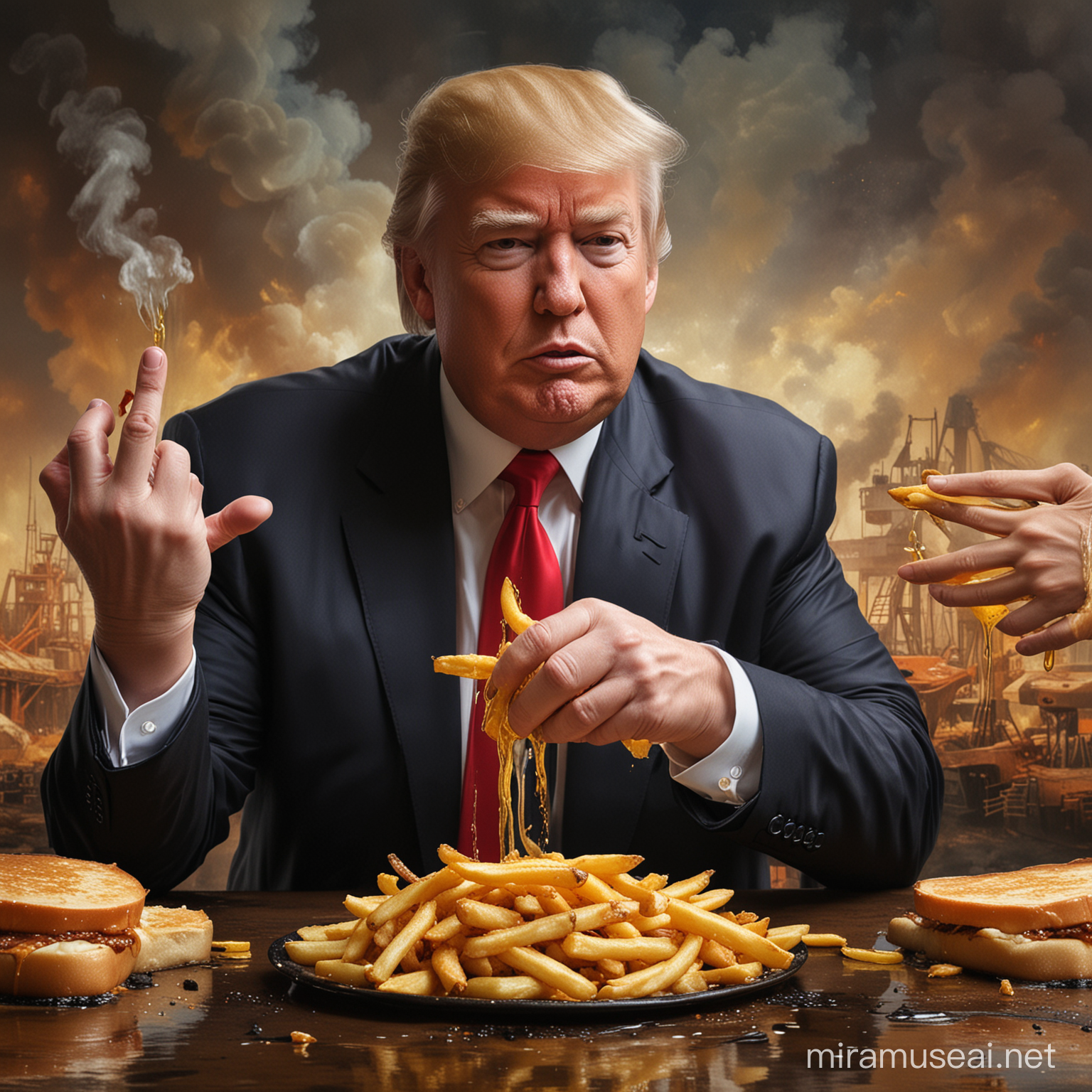 Donald Trump frittiert seine Hand in einer Menge Öl