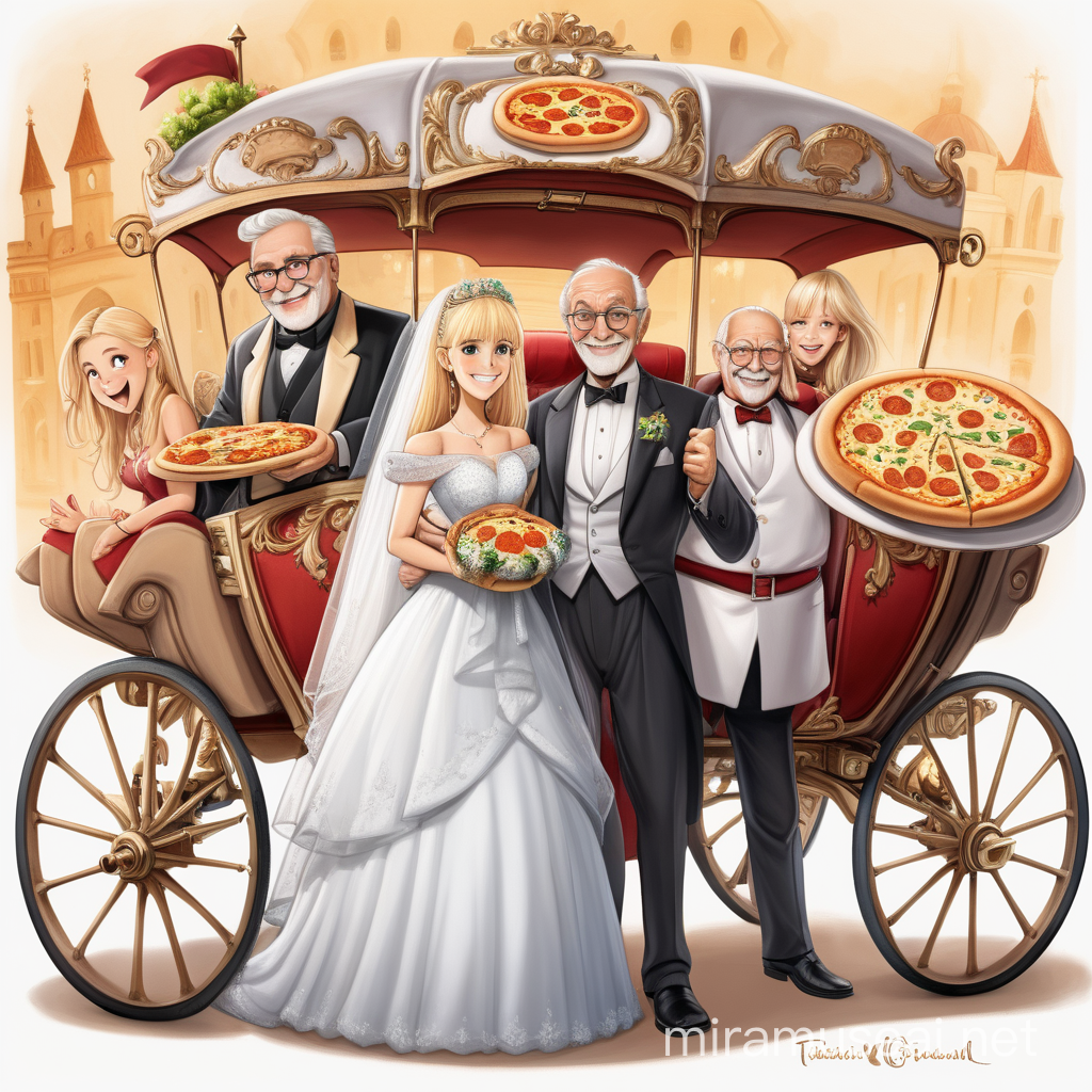 Ein Hochzeits paar ein 18 järiger junge ein 14 jähriges blondes mädchen und ein opa stehen vor einer wild bepakten kutsche mit madratzen und pizzas drauf und lächeln in die kamera