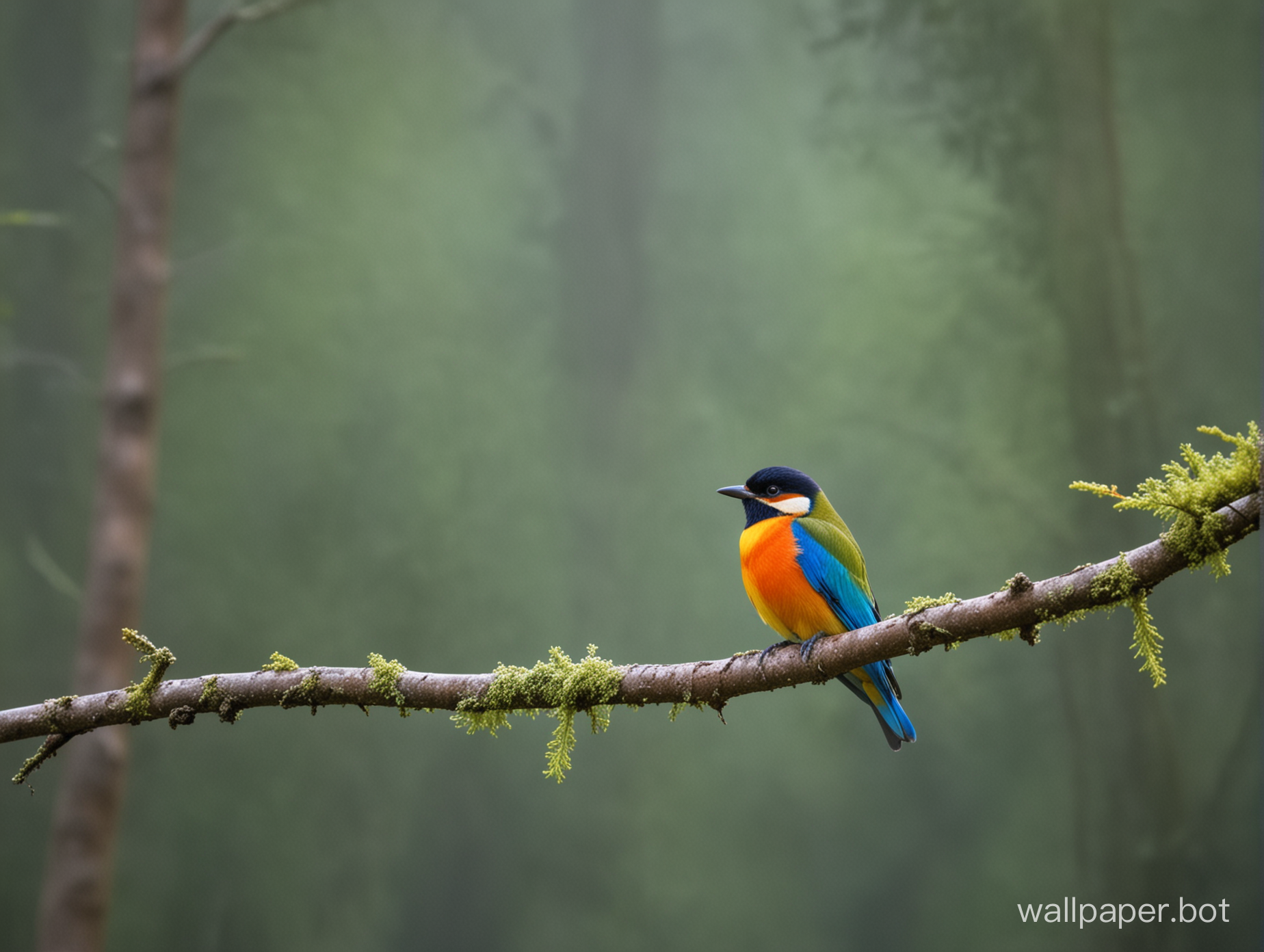 Single Colorful Bird Sitting On A Branch In The Forest