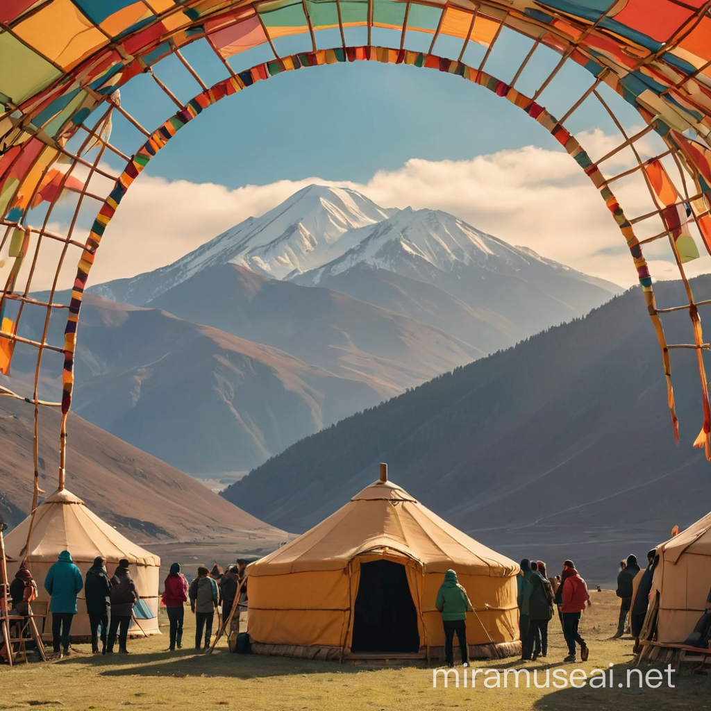 Colorful Silhouettes of People Gathering Near Yurt Against Mountainous Landscape