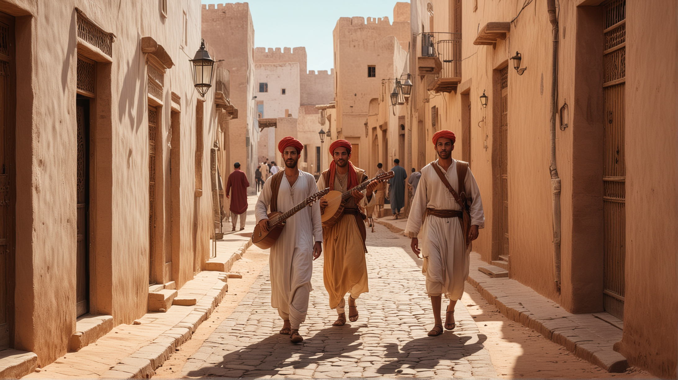 Moroccan Traditional Musician Strumming Lute in Vibrant Village Scene