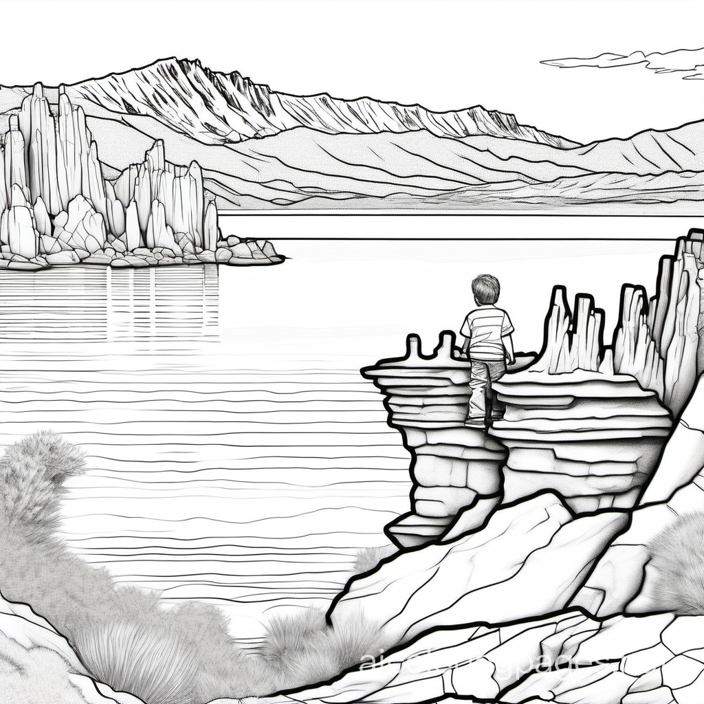 Cute boy at Mono Lake, California, Coloring Page, black and white, line art, white background, Simplicity, Ample White Space. The background of the coloring page is plain white to make it easy for young children to color within the lines. The outlines of all the subjects are easy to distinguish, making it simple for kids to color without too much difficulty