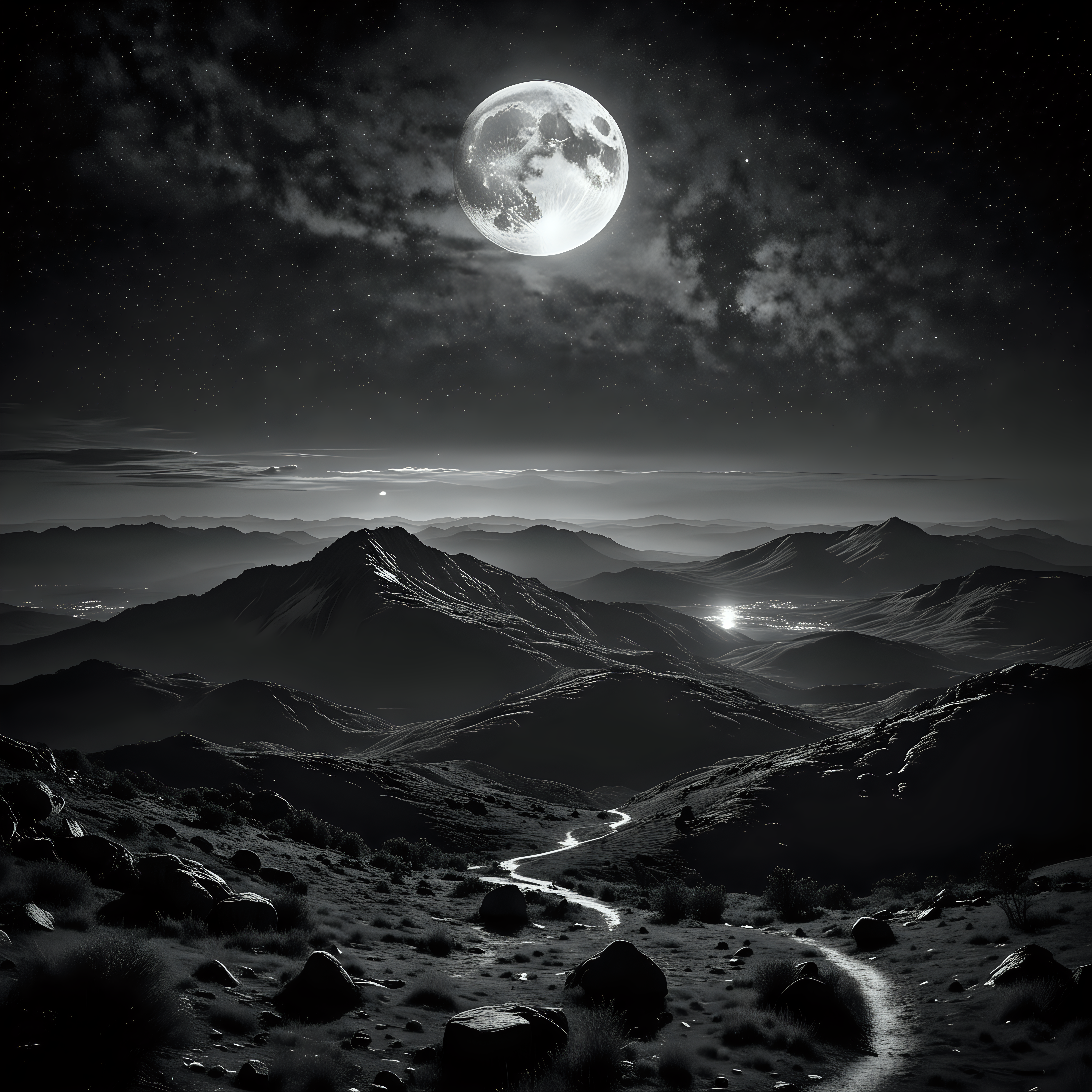 Realistic photo. Mountain view, in wilderness, look from high, beautiful sky night with lighting moon and stars, black and white, in dark night. --ar 9:16