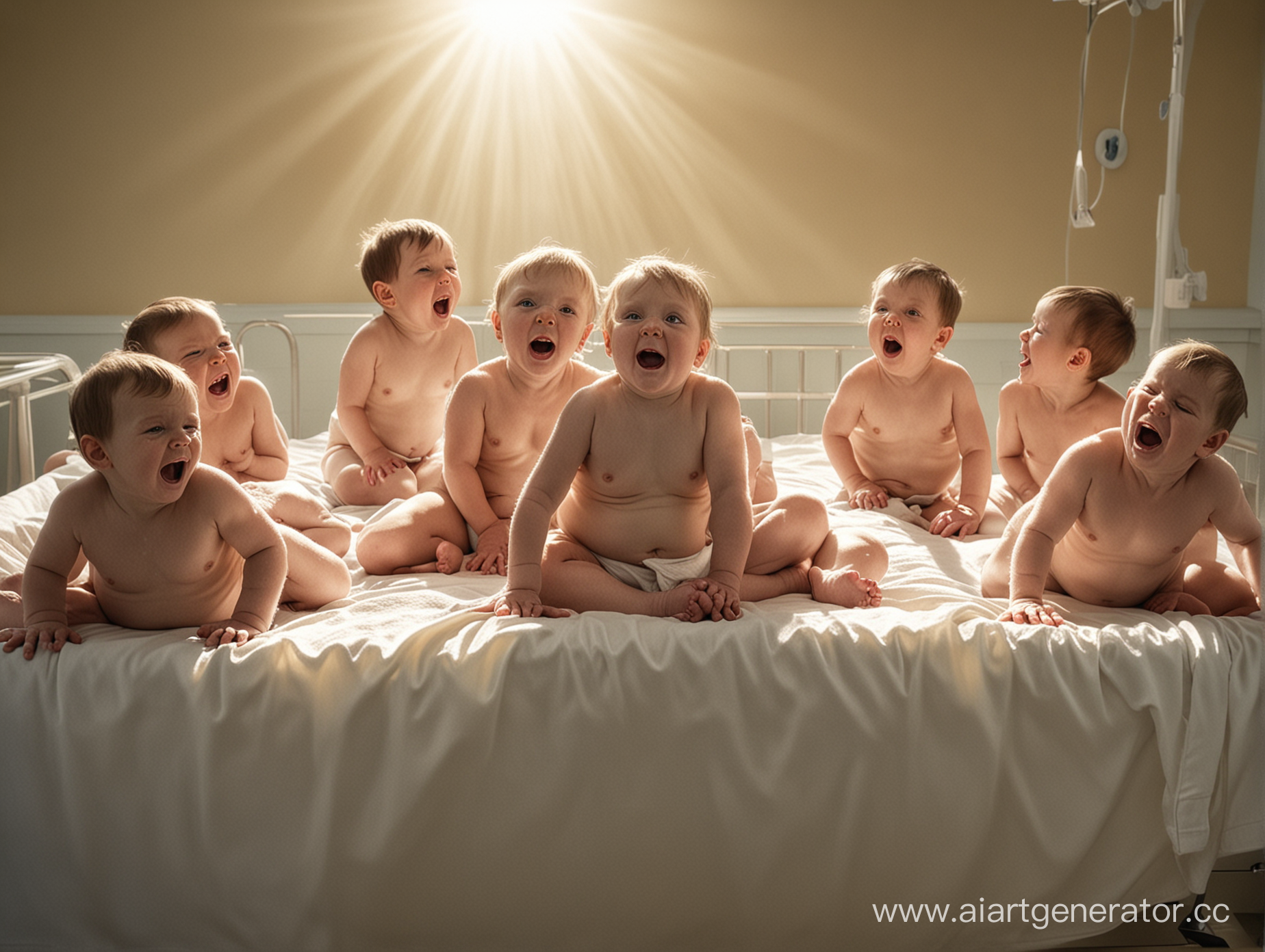 A spectacular, realistic anatomically correct, emotional image on a maternity hospital table illuminated by rays of sunlight, five screaming babies lie naked, in diapers, alone without adults and staff.