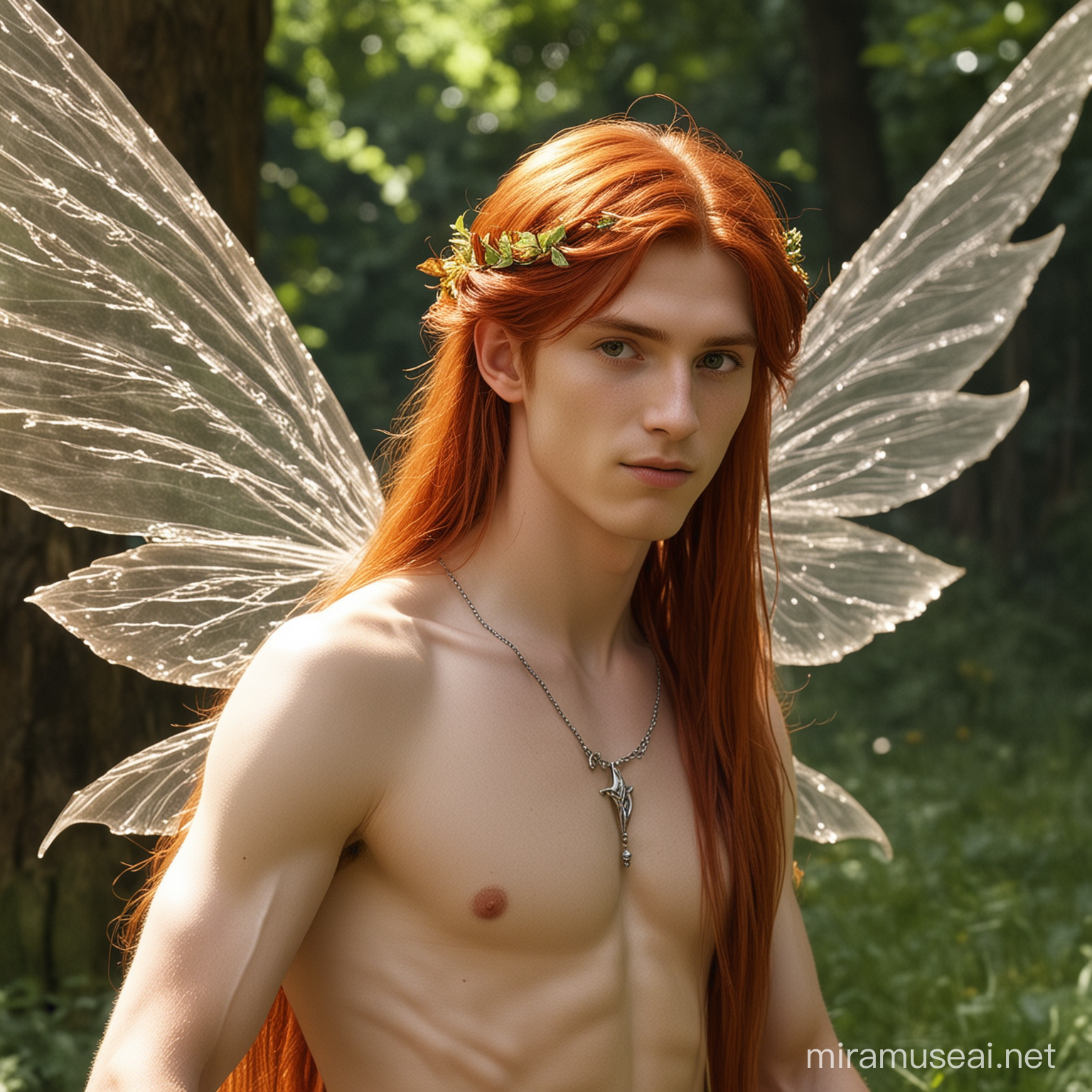 He is fairy and has the appearance of a child. He possesses long red hair and pointed ears, giving him a somewhat feminine look. his eyes were amber and the Commandment mark on his chest. He got gigantic glowing fairy wing