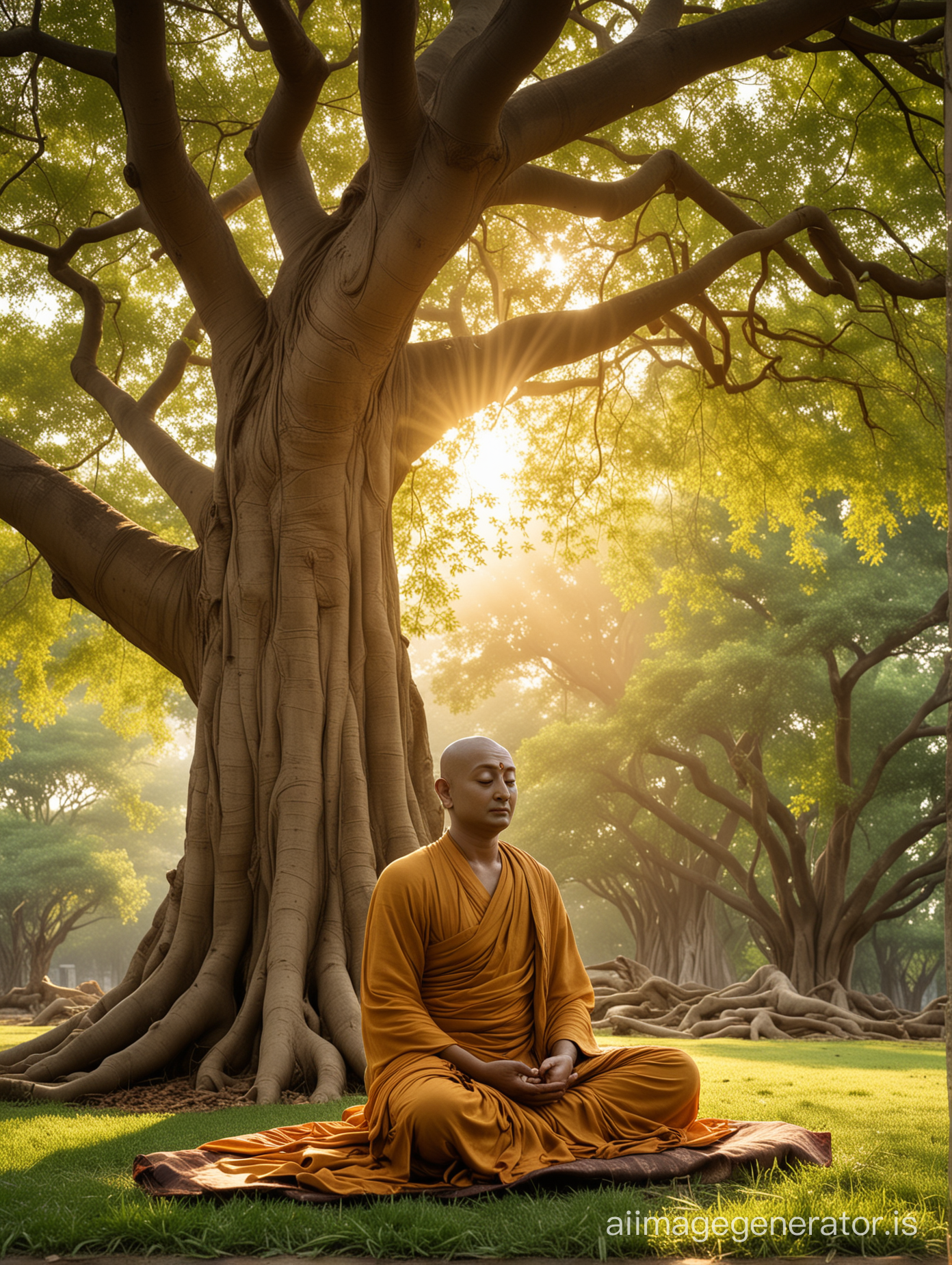 Siddhartha, now known as Gautama Buddha, sitting cross-legged on the lush green grass beneath the massive, canopied Bodhi Tree. The serene figure is enveloped in a warm, golden light that streams through the leaves above, casting dappled shadows across his body. His features are peaceful and content, his eyes closed in deep meditation. He wears simple, flowing robes that drape elegantly over his thin frame, their hem brushing gently against the ground. The trunk of the Bodhi Tree stretches skyward behind him, its branches intertwining to form a verdant canopy that blocks out much of the surrounding sunlight. Beneath the tree, a thick layer of leaves and twigs carpets the ground, adding a touch of earthy color to the otherwise verdant scene. The air is still and quiet, save for the occasional rustle of leaves in the breeze and the distant calls of birds. The gentle swaying of the branches above casts a soothing, rhythmic shadow dance across Siddhartha's serene features, as if nature itself is in awe of his enlightened presence.