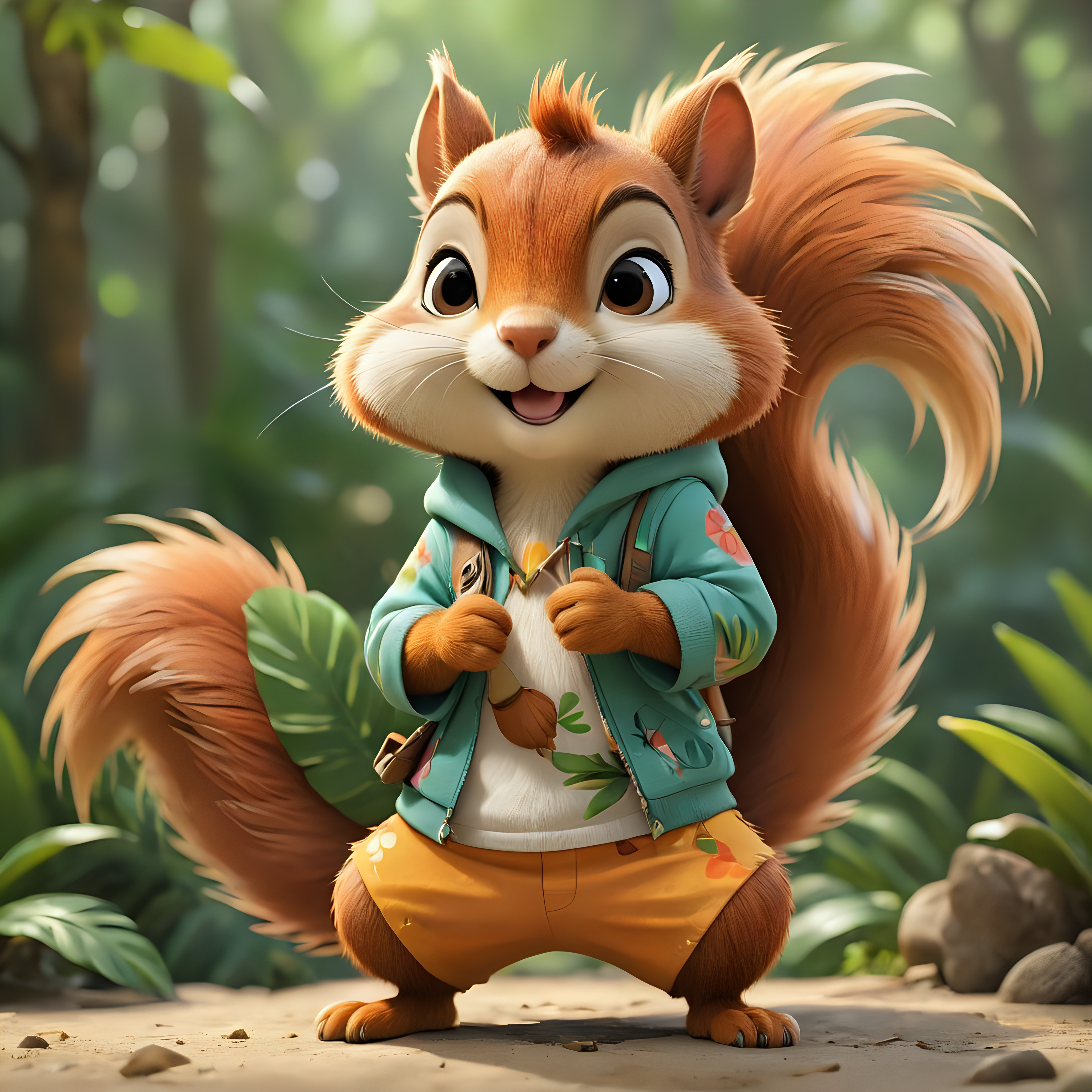 a cute fun Squirrel in cartoon style in full body  with Tropical clothes with clear background
