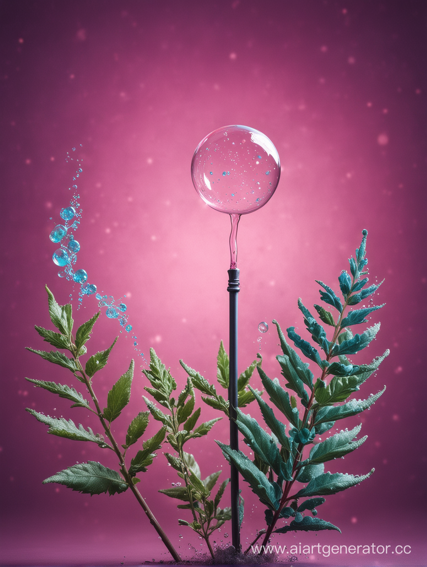 a magic wand with soap bubbles, on a dark pink and blue background around magical plants and soap bubbles flying