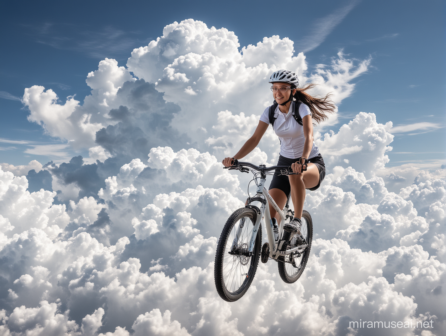 a sportive girl riding her mountainbike on a white cloud