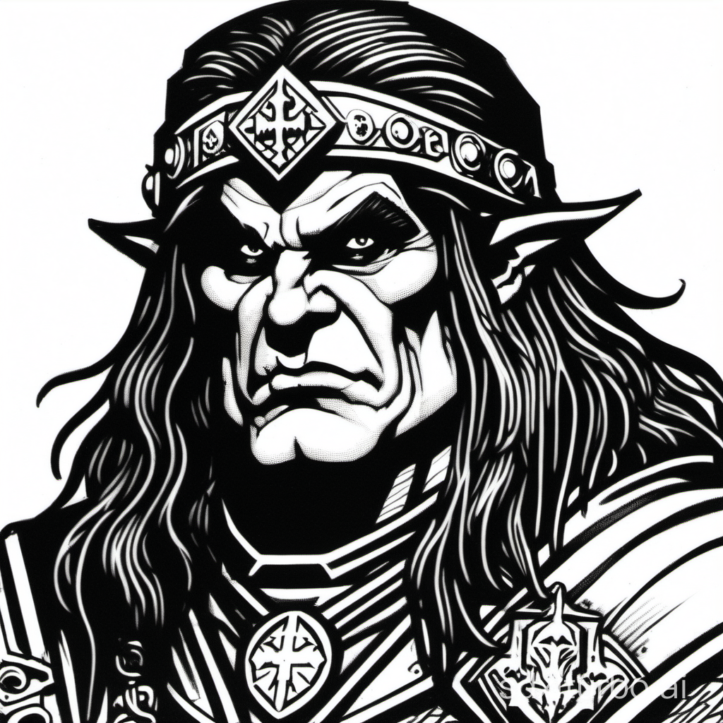 an Ozzy Osbourne:half-orc warlock, close up, marker drawing, 1bit bw, heavy black border, sparse cross-hatch line, heavy outlines, style of 1983 Dungeons and Dragons, Larry Elmore,