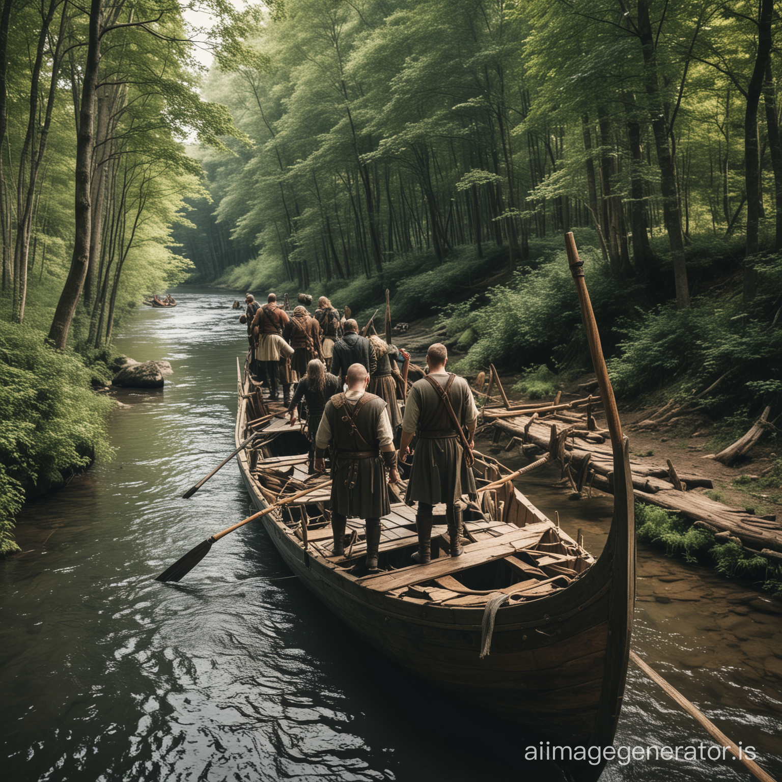 armed medieval  shaved worriers disembarking from Viking  boat  river forest