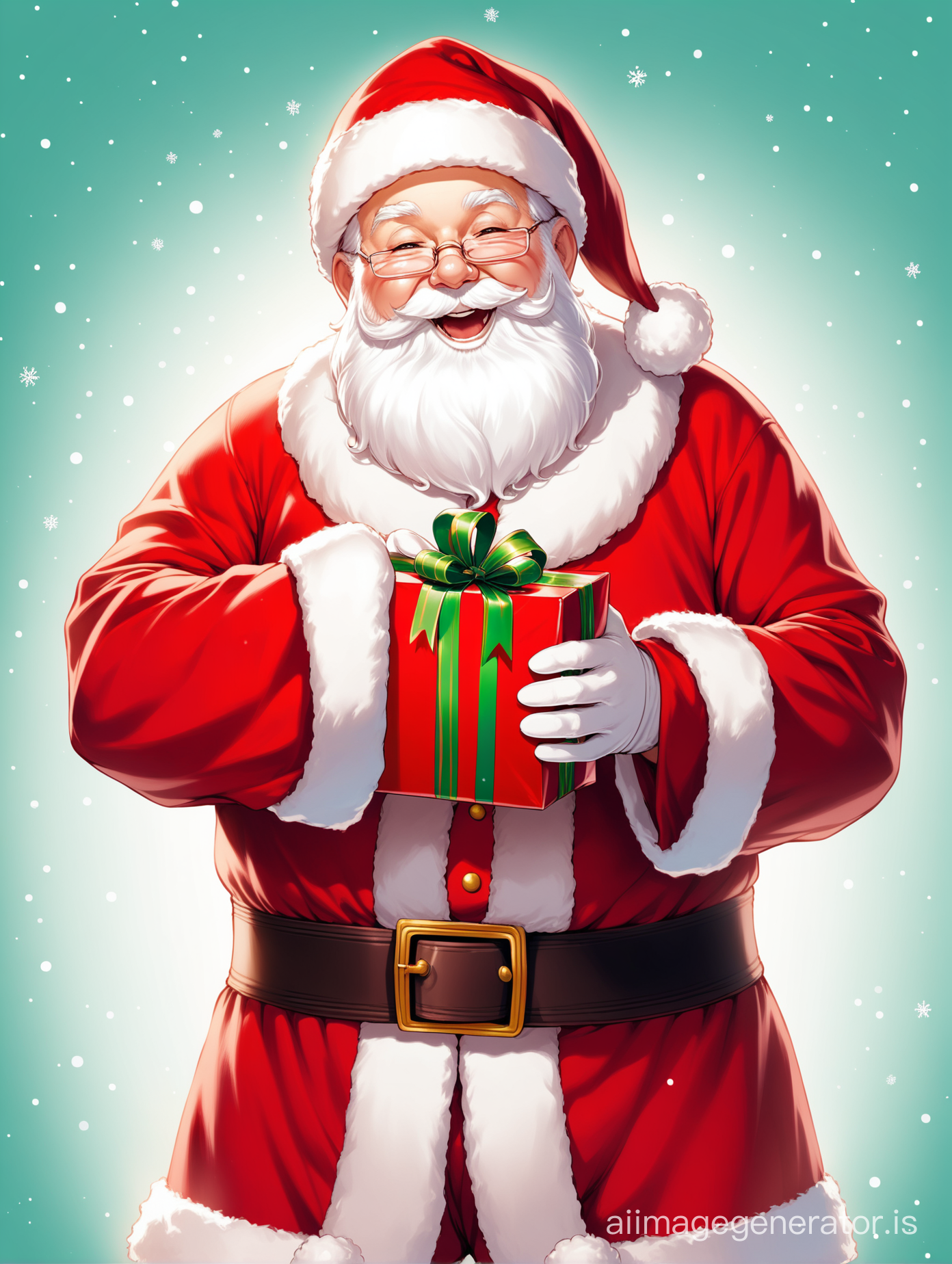 a picture of a jolly Santa clause holding a present and his whole body is visible