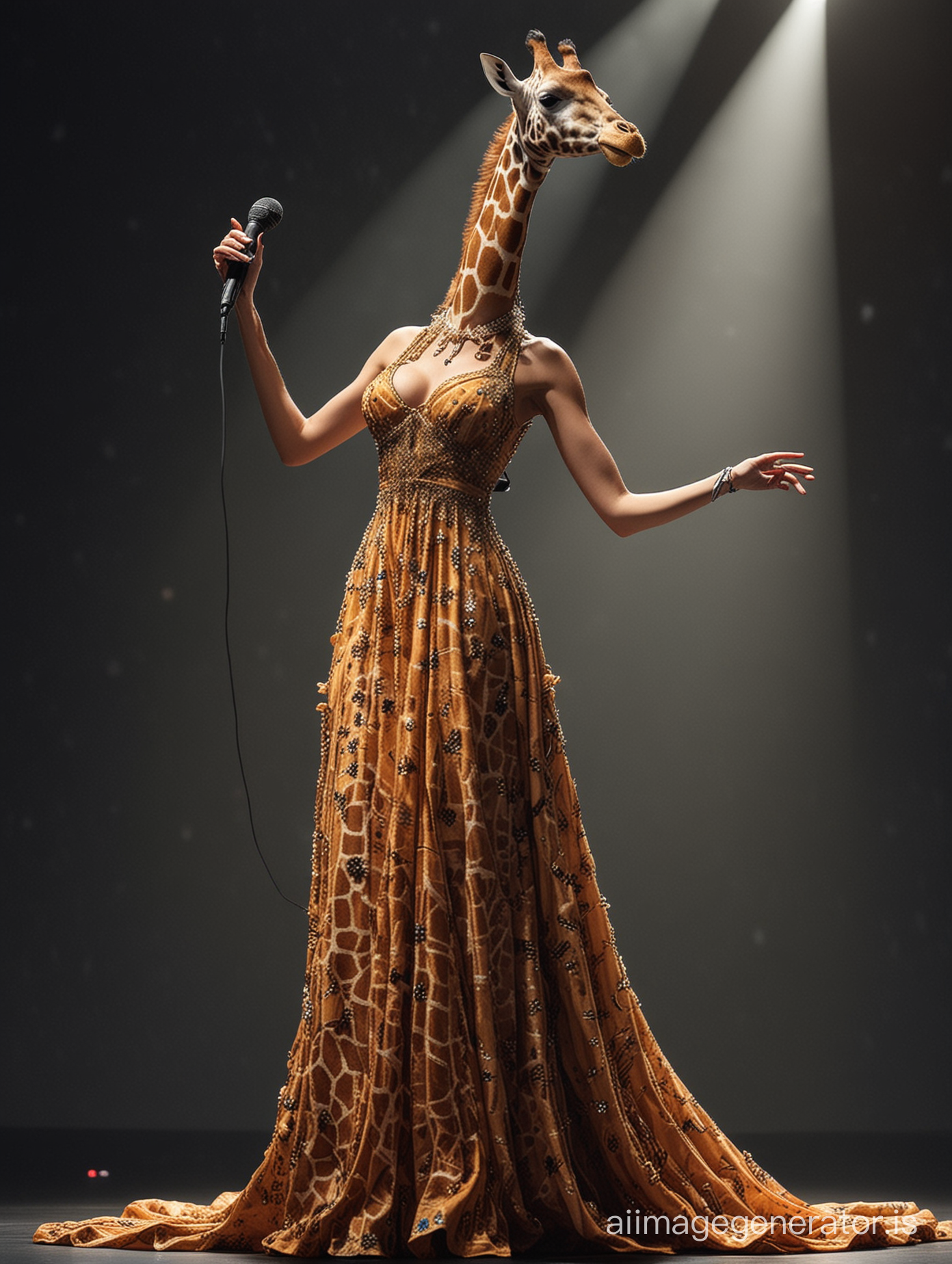 make a giraffe like a singer in the big stage.wear a beutiful long dress and a micrhphon fron og her mouse make it real don't simplify the details and show the atmosphere of concert properly