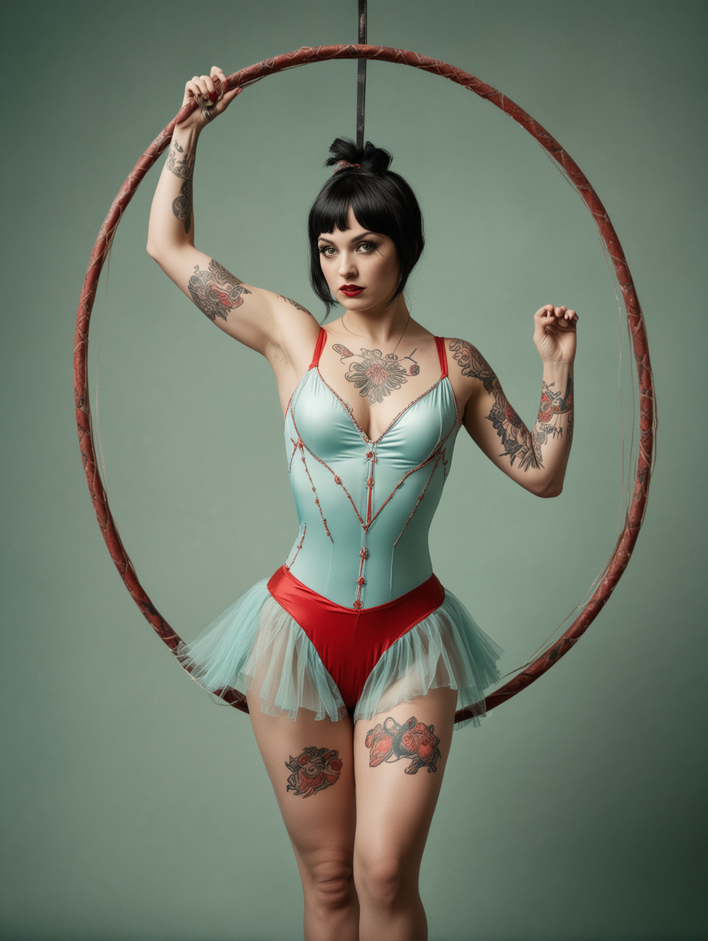 circus, in the style of whimsical yet eerie symbolism, American 1920's circus, light cyan and red palette, close up portraiture, well built busty female acrobat with black hair, wearing a leotard and tutu, covered in tatoos, holding an aerial hoop, nature-inspired pieces, circus costumes, ultra details