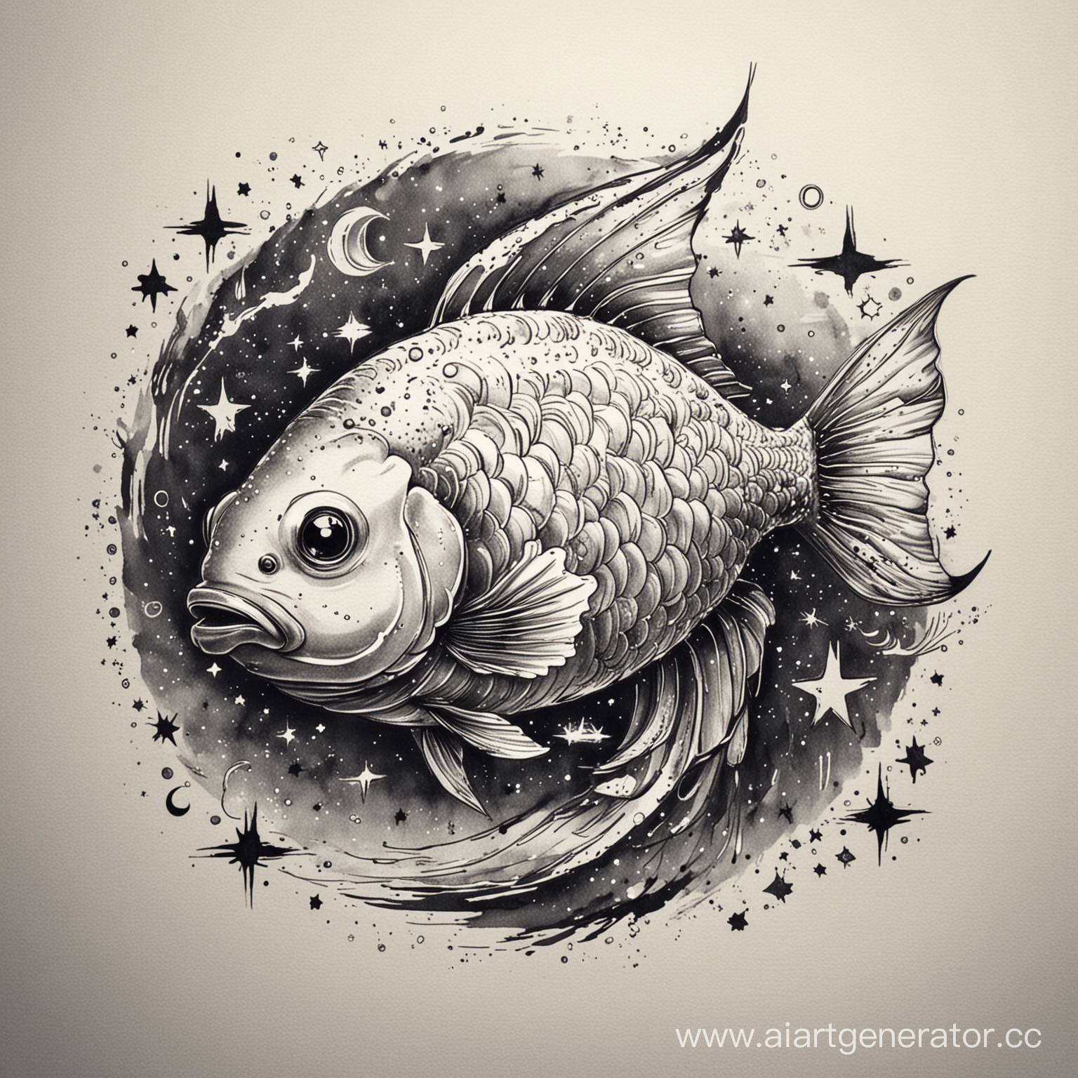 Милая рыбка плывет через звезды, набросок для татуировки