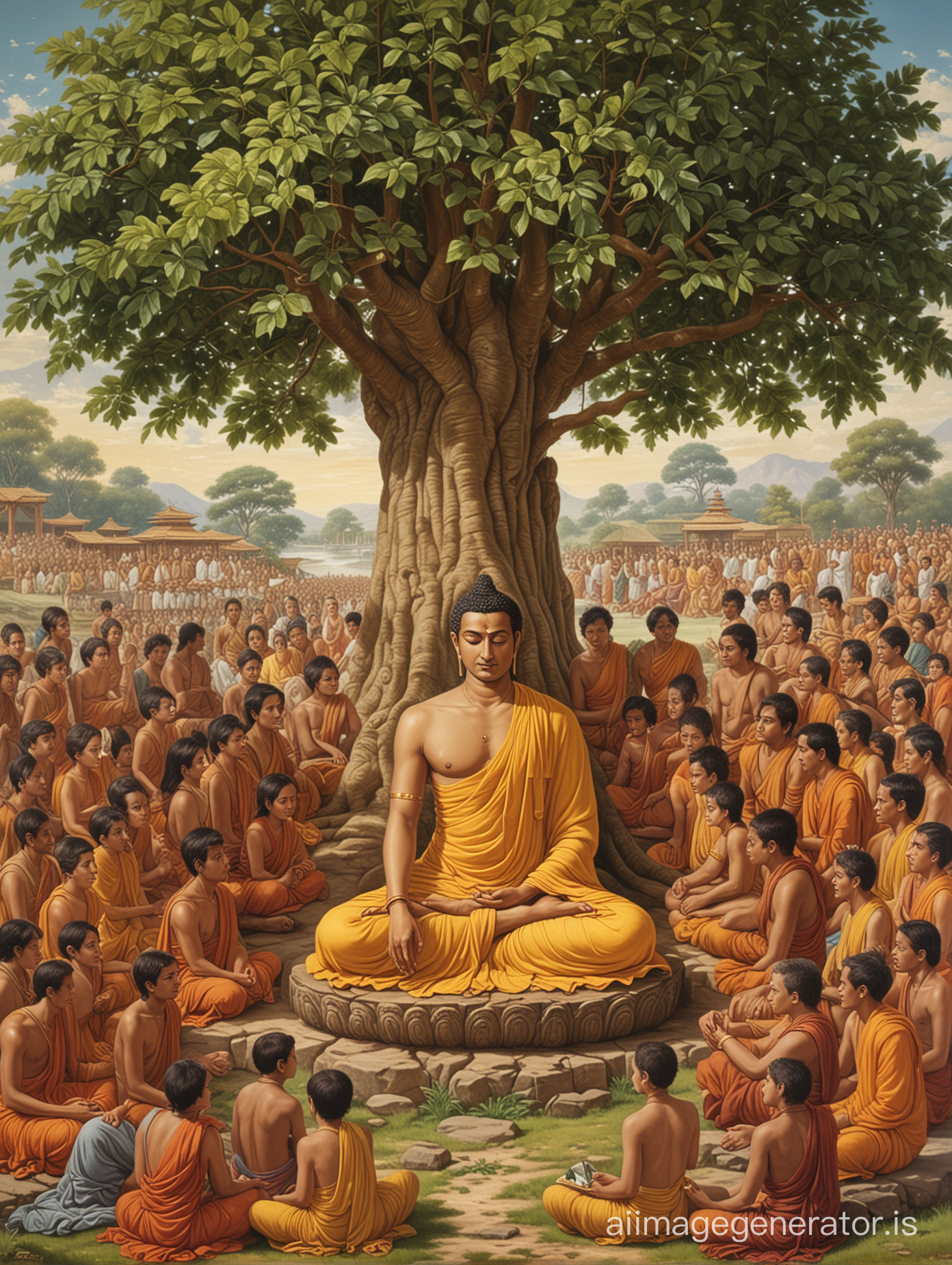 Siddhartha, seated beneath the Bodhi Tree, surrounded by followers of various backgrounds and ages, all united in peace and understanding.