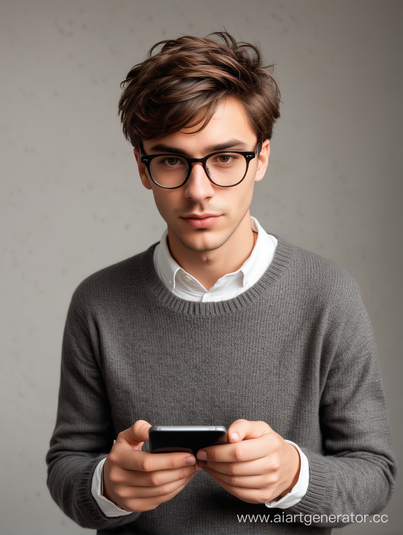 молодой парень француз шатен с короткой причёской и карими глазами в очках в роговой оправе в свитере и джинсах держит в руке смартфон
