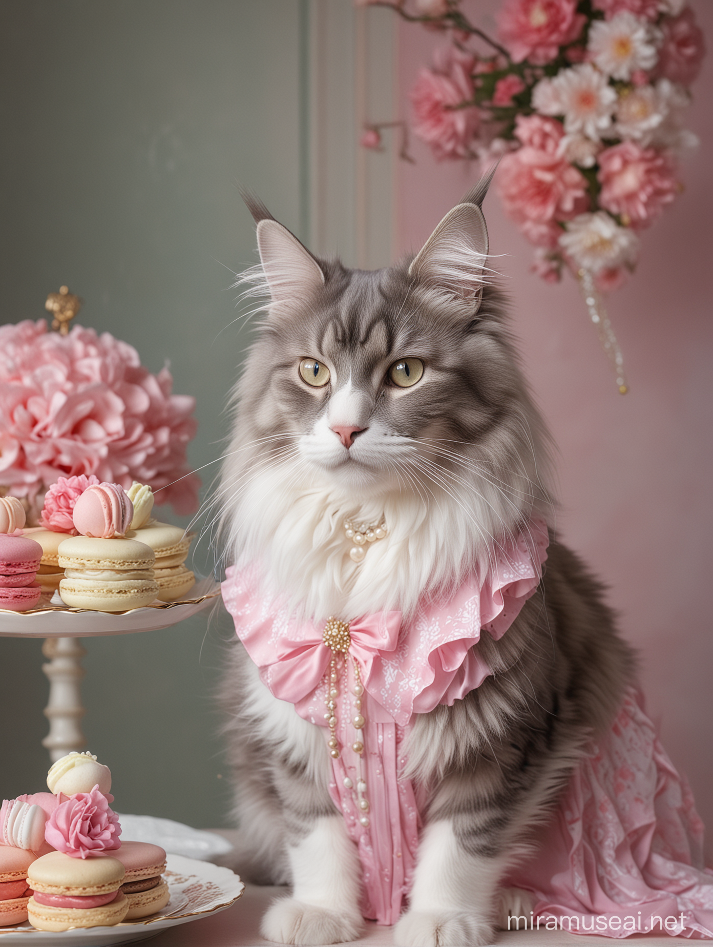 侧视角，拟人化的，一只灰白色的缅因猫,穿着粉色连衣裙，五颜六色的马卡龙下午茶装饰，超现实主义摄影，食物特写镜头，米其林，马卡龙配色方案，混合花和珍珠，梦幻般的浪漫样式-ar 3:4-s250-v 6.0