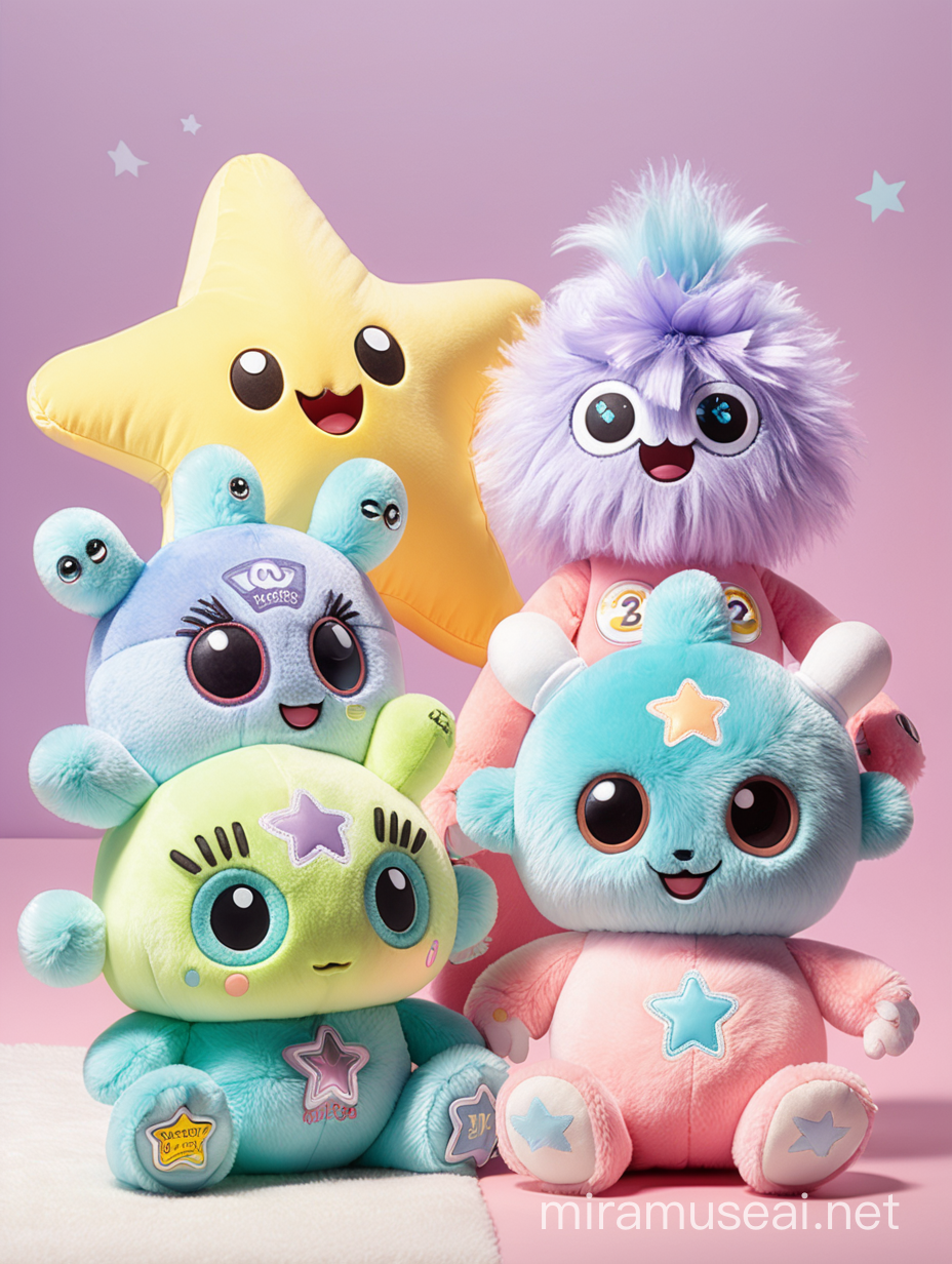 baby brand with 2 mascots that are cute star monsters soft and cute, soft colours very pastel and colourful for children between 0-3