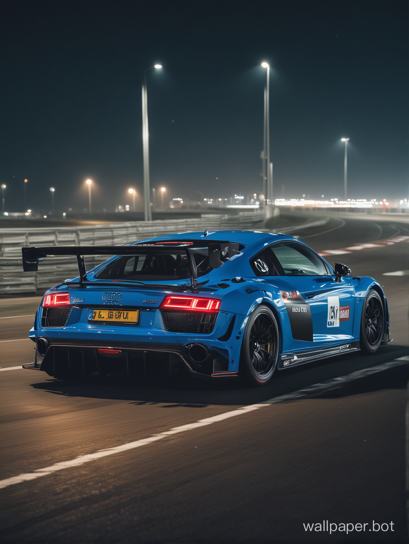Blue audi r8 gt3 driving at night