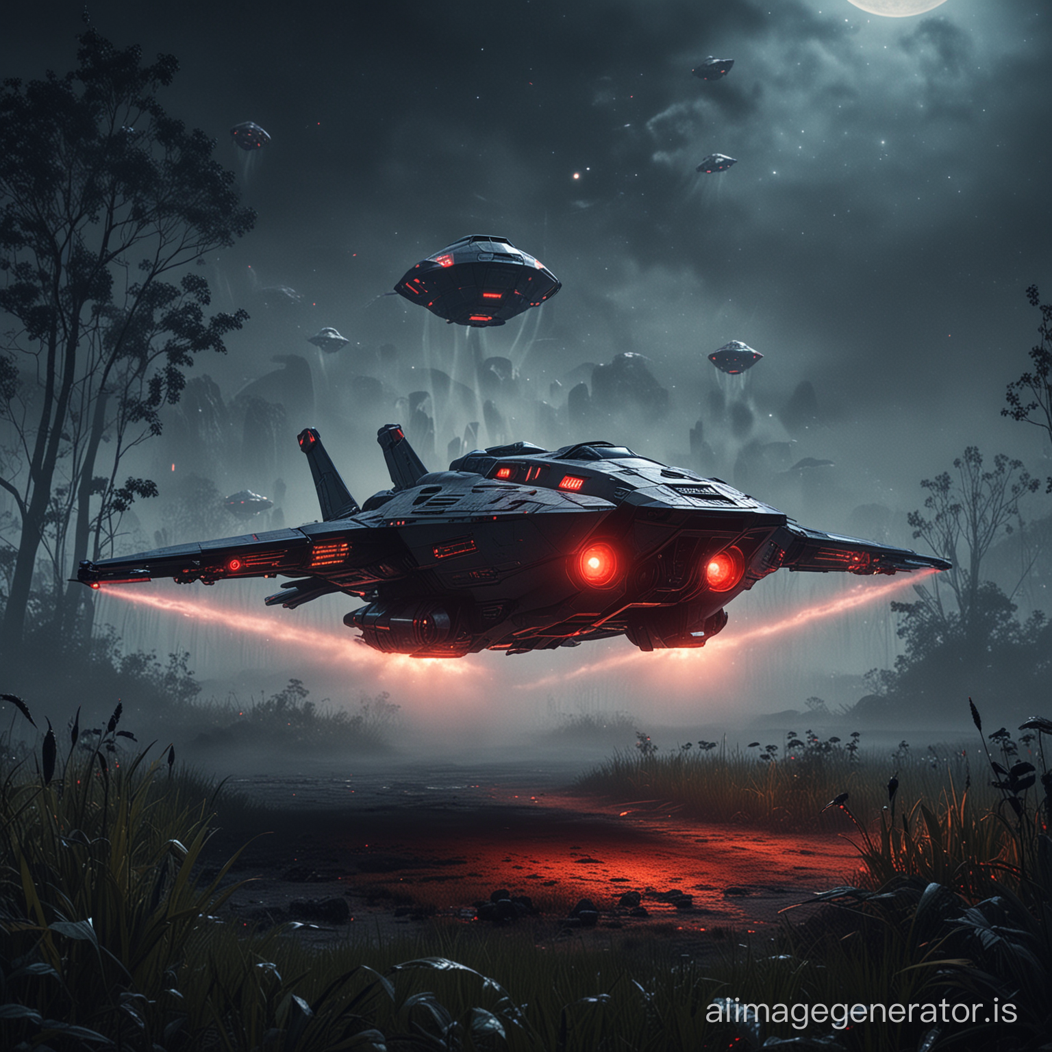 An image which features a Galactica Cylon Squadron, complete with their signature red eye, patrolling around a grounded viper spaceship. The scene is set against a backdrop of foggy grass, smoke, and dust effects, creating an immersive atmosphere. Apollo and Starbuck are strategically hidden from the Cylons' view, adding a layer of tension to the narrative. The night sky is a dark blue canvas studded with stars, illuminated by the red headlights of a Cylon Raider in the air and the ominous presence of a Cylon Basestar. Cinematic and volumetric lighting bring the cybernetic showdown to life, all rendered in high-resolution, high-quality suitable for concept art and gaming art.