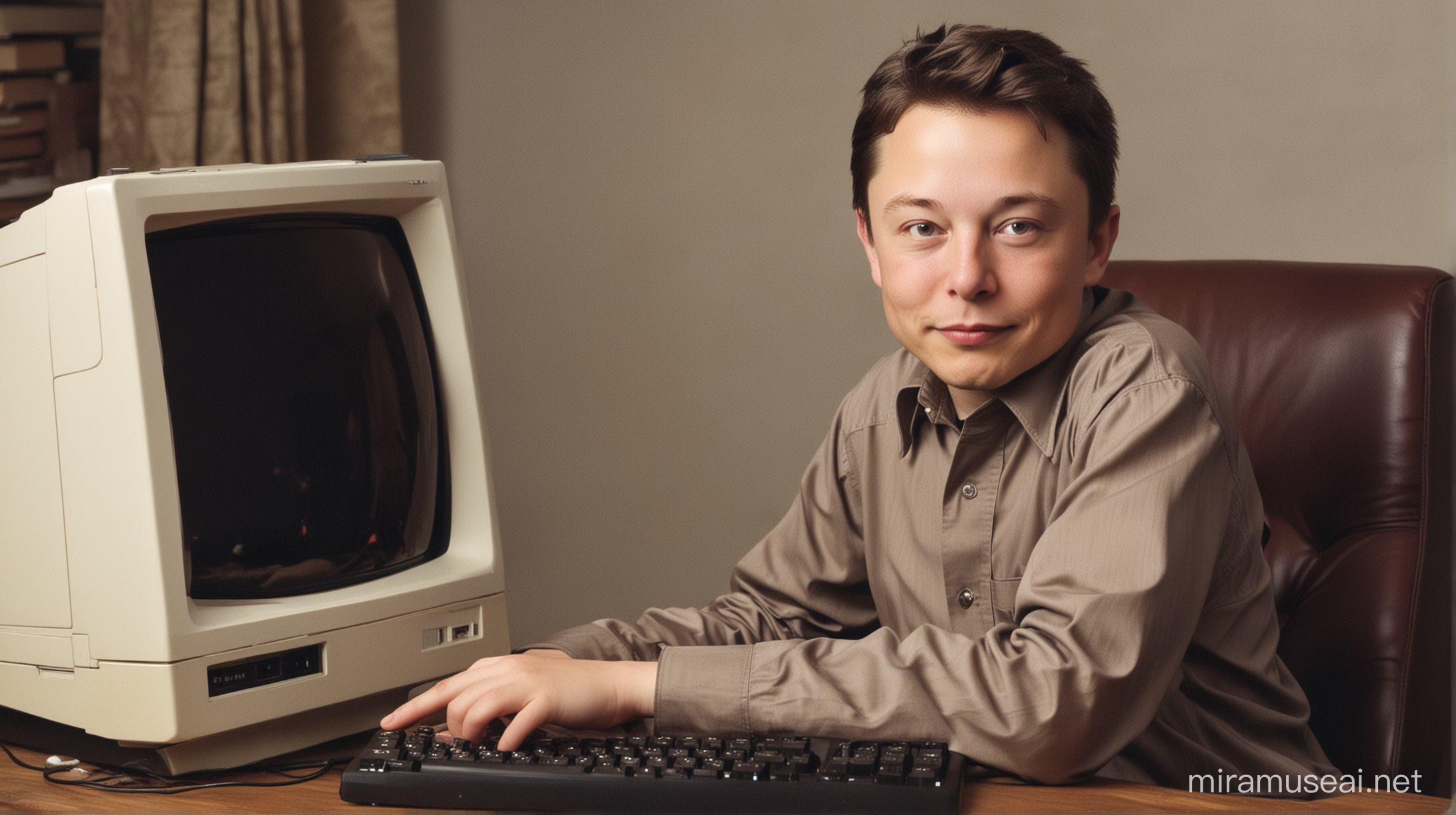 "Generate an AI image of a 10-year-old Elon Musk programming on a vintage second-hand PC. The background should have a vintage aesthetic but look attractive overall. Musk should be depicted as focused and engaged in his programming task. The image should evoke a sense of nostalgia for old technology while highlighting Musk's early interest and aptitude in programming."