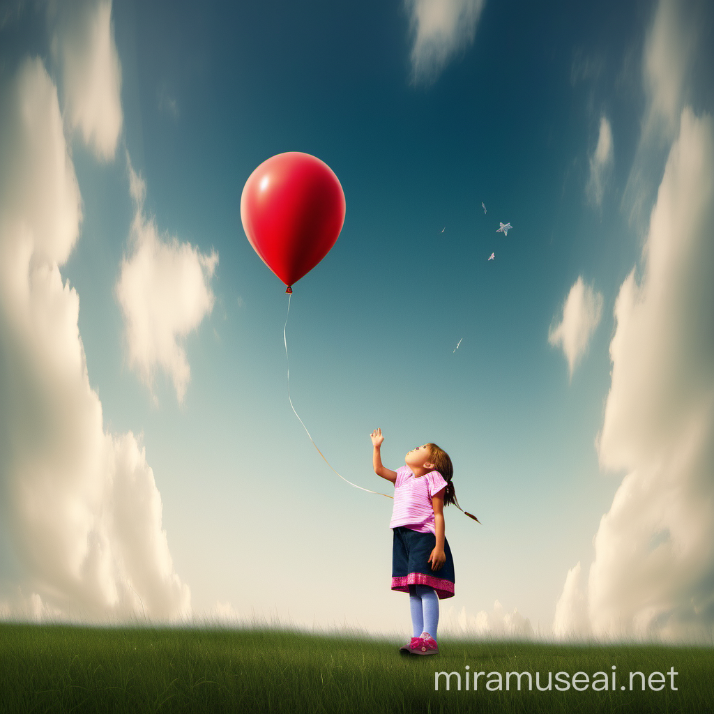 маленькая девочка 6 лет смотрит в небо. в небе летит воздушный шарик.