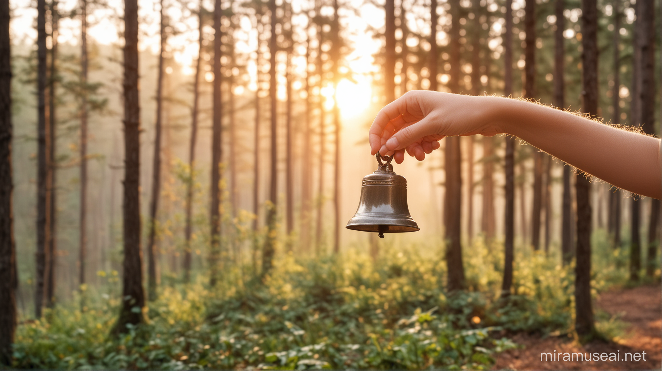 Childs hand ringing bell with forest in blurred background at sunrise