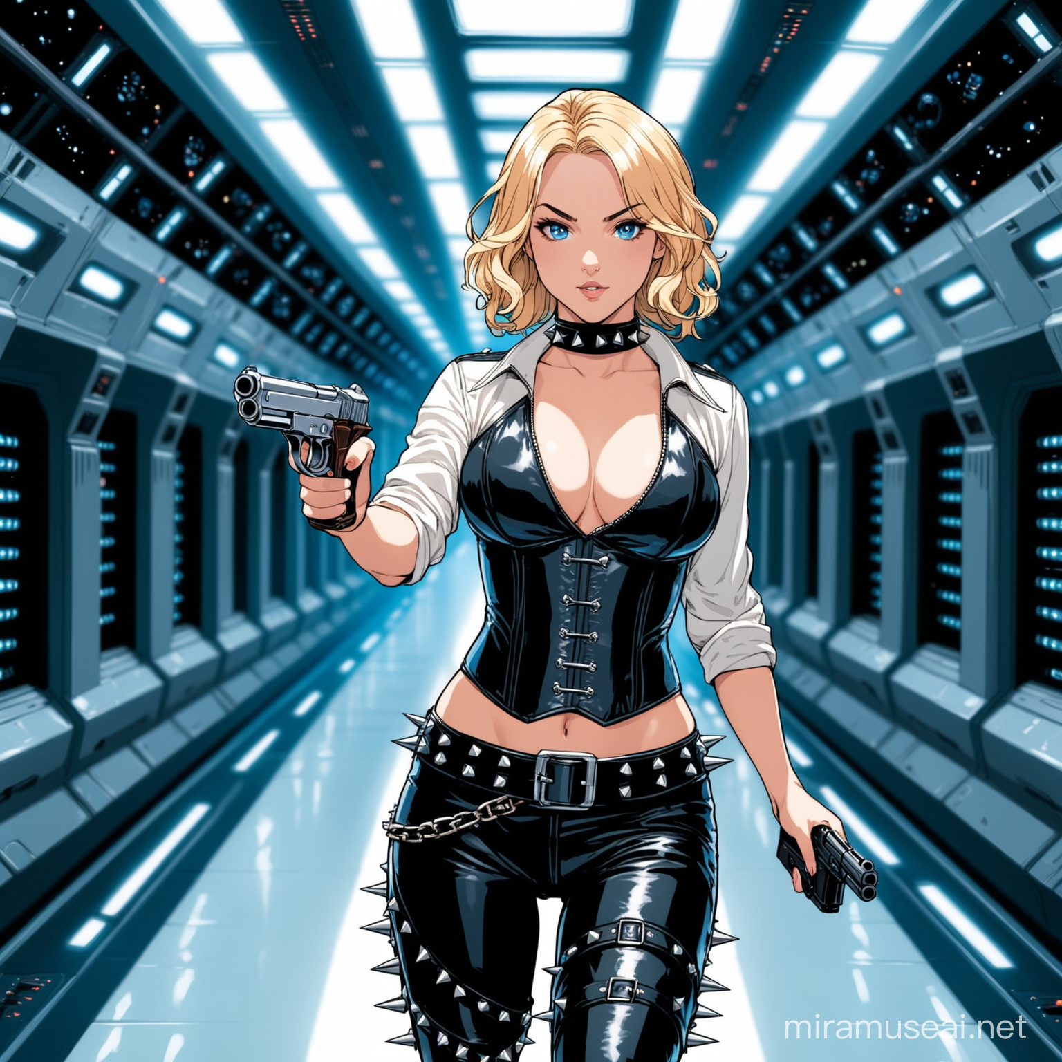 Jenna Morgan , blonde hair, short curls, blue eyes,  wearing leather trousers, a leather corset over a white cloth shirt. spiked choker, shooting a pistol, spaceship hallway background.