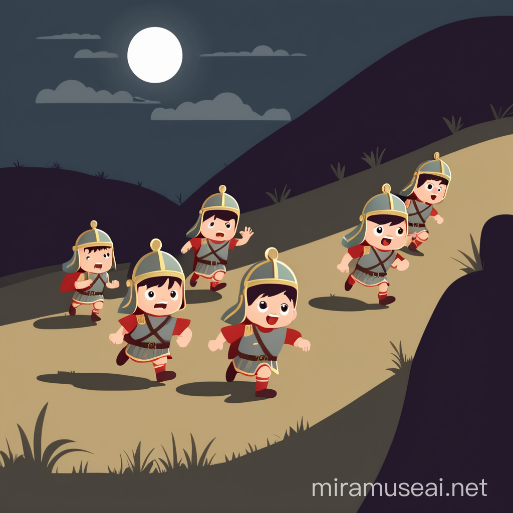 baby flat illustration of  roman soldiers running scared from the hill, a cross in the hill, in total darkness