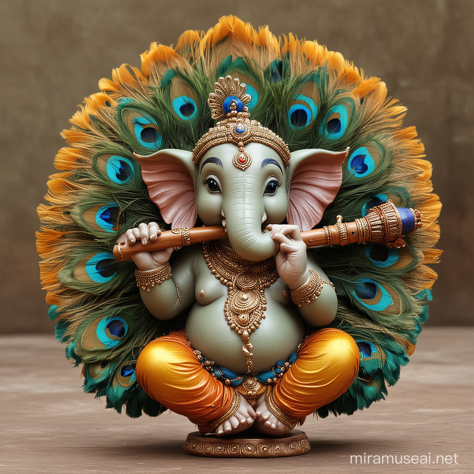 Adorable Ganesh Playing Bansuri with Peacock Feather Adorned Head