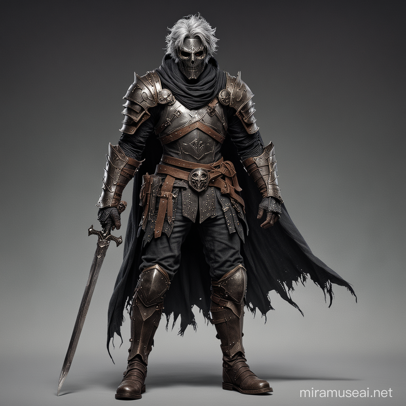 undead mask knight. Tall and muscular knight, he has dark grey messy hair. He wearing a mask to cover his undead status. He also wearing black hood and brown boot