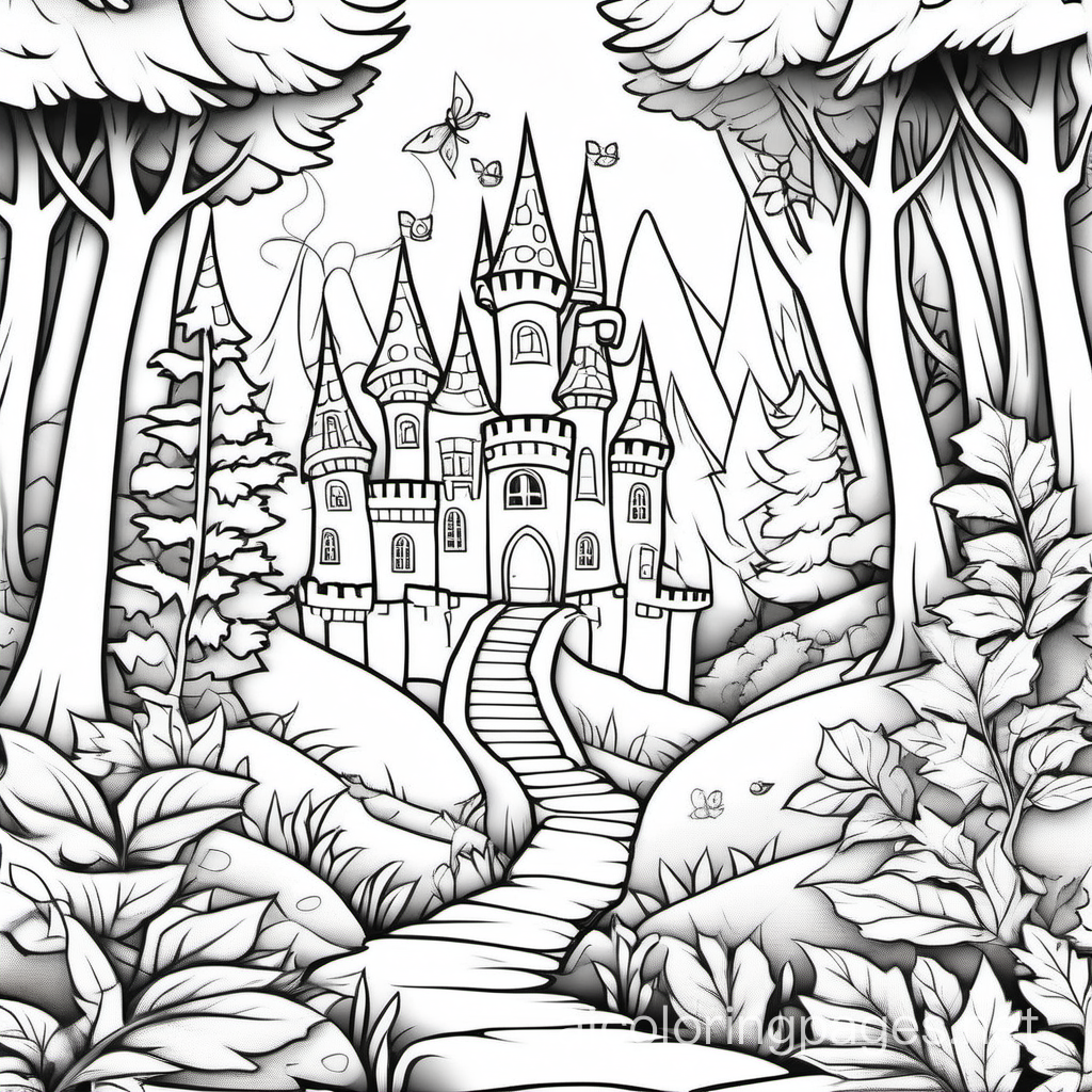 coloring page whimsical forest and a fairy castle, Coloring Page, black and white, line art, white background, Simplicity, Ample White Space. The background of the coloring page is plain white to make it easy for young children to color within the lines. The outlines of all the subjects are easy to distinguish, making it simple for kids to color without too much difficulty