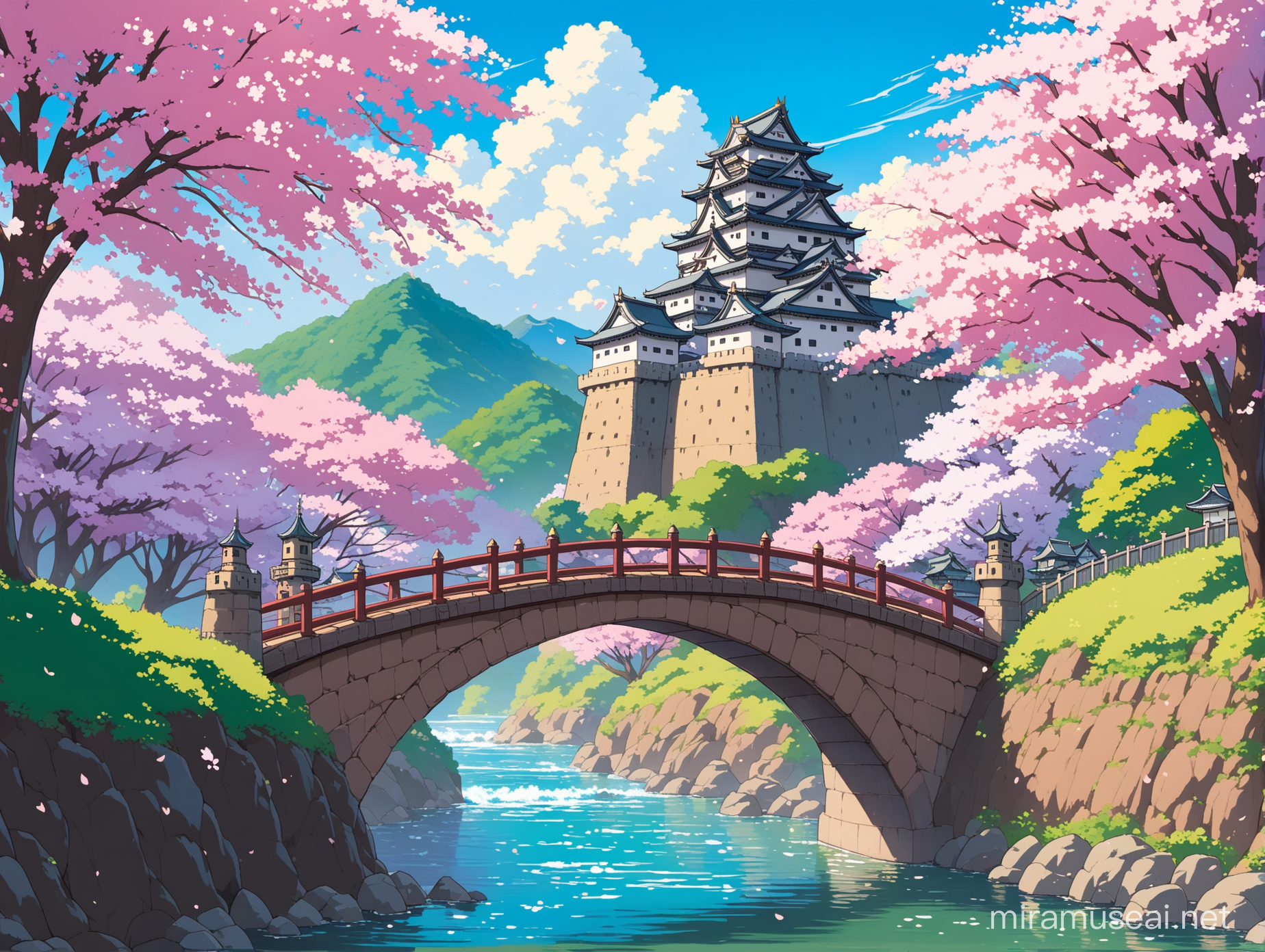 Cherry Blossom Scene Takato Castle Bridge in Studio Ghibli Style