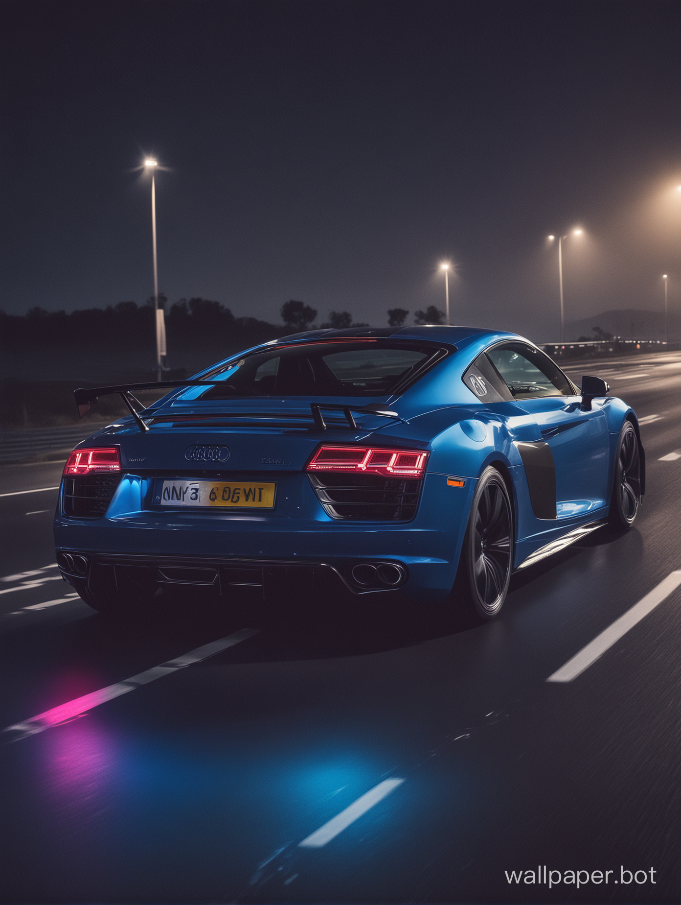 Blue audi r8 gt driving at night neon lights
