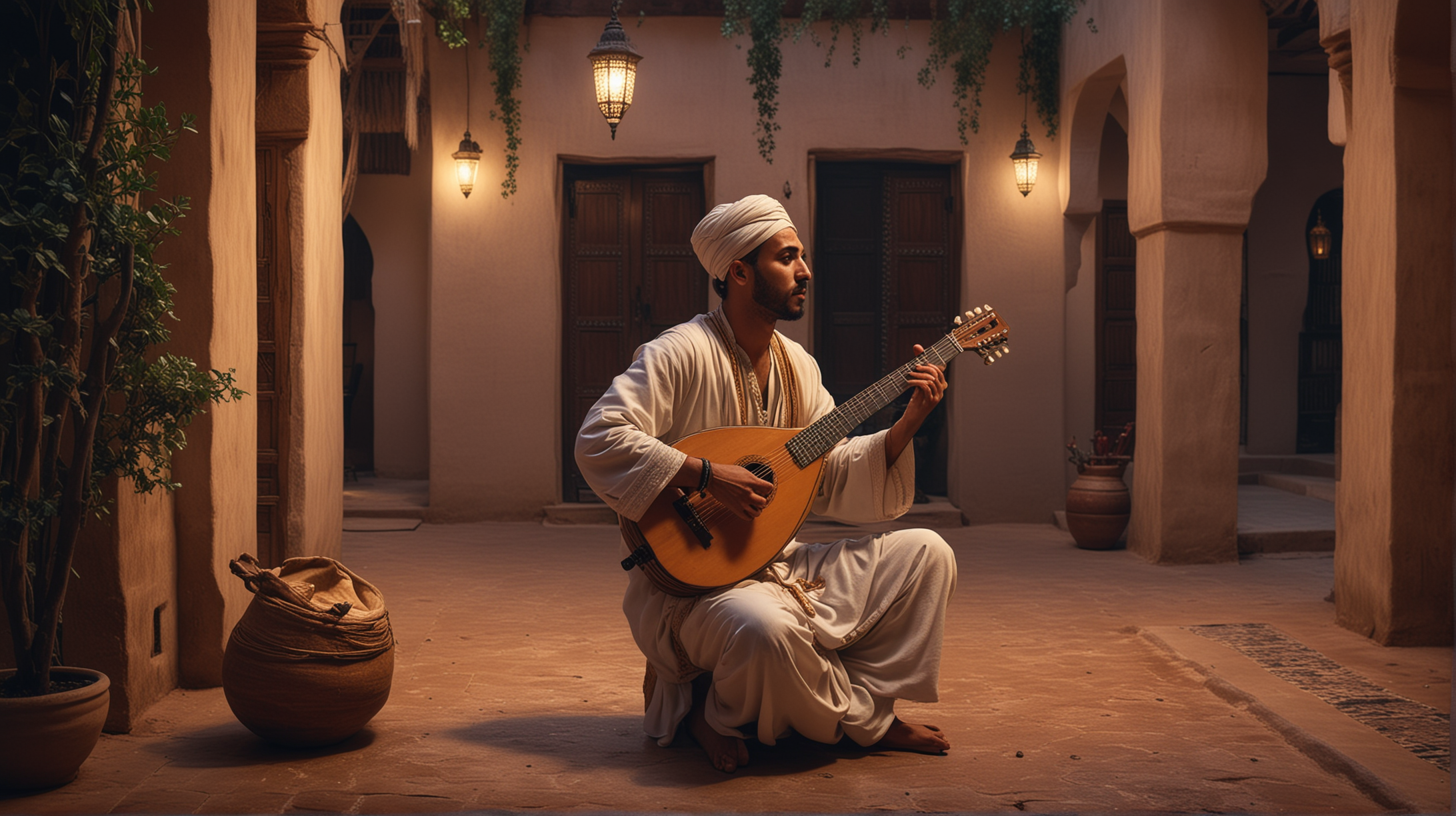 single Moroccan traditional musician (ONLY ONE, NOT TWO),  plays his lute in the courtyard of a Moroccan traditional house, strumming his lute, men sits around him enjoying the performance, night time, full moon shining, very realistic, cinematic, orientalist painters style
