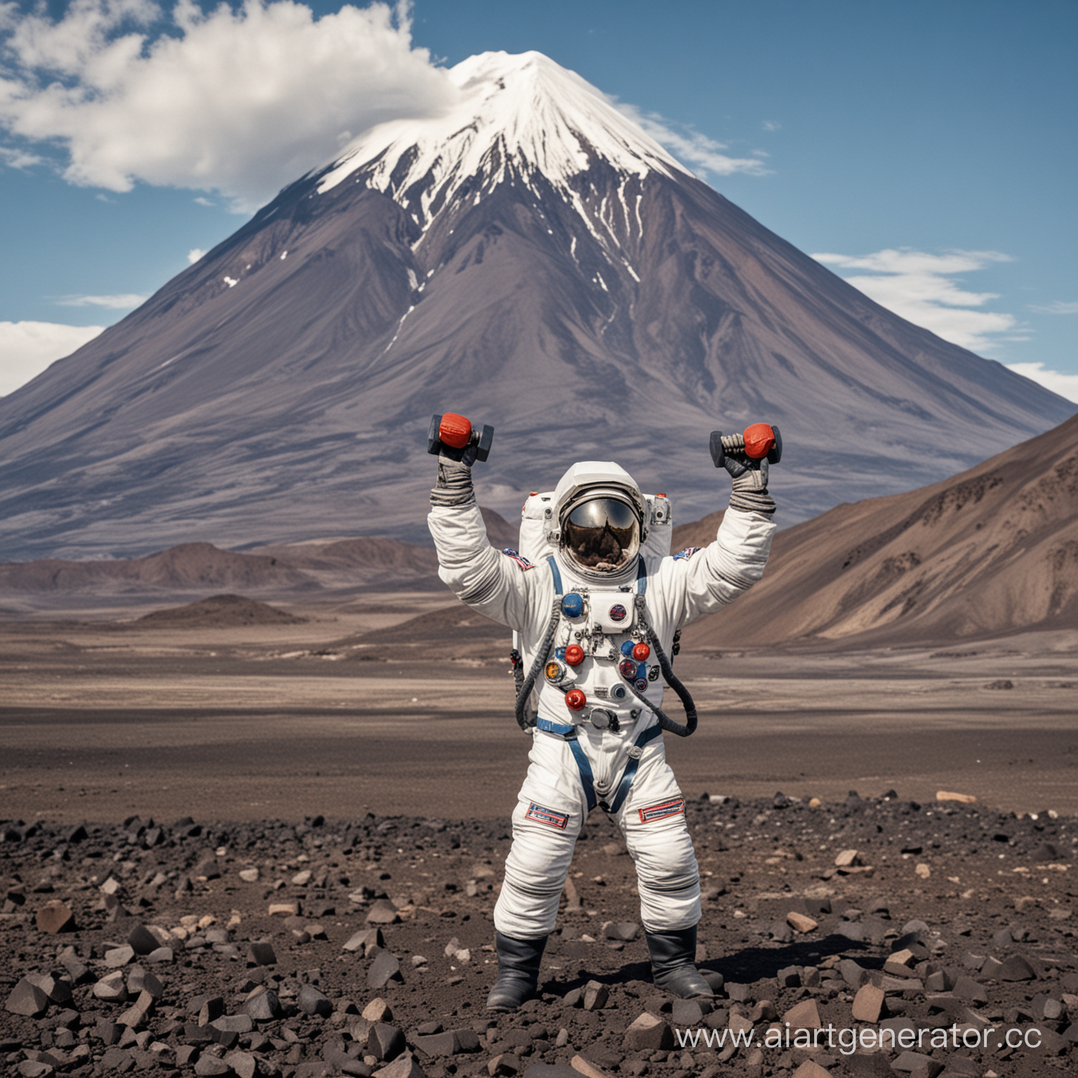 Космонавт с гантелей в руке, на фоне вулкана, Камчатка