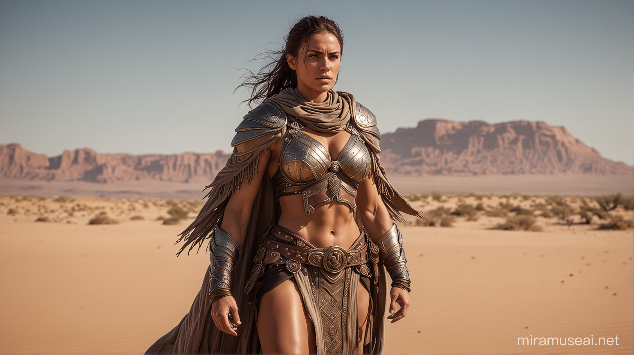 Extremely muscular woman; colossal; nomad armor; desert robe; 