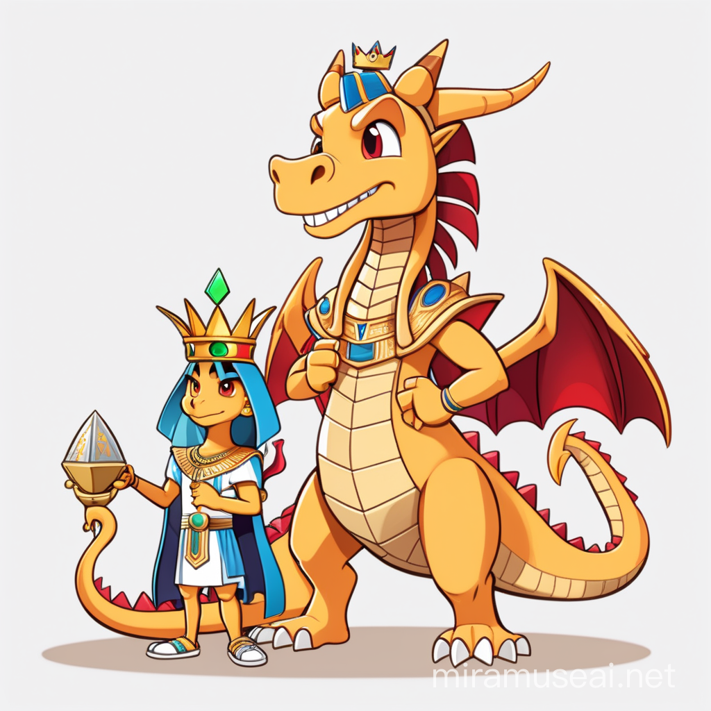 a cute dragon in cartoon style in full body with Pharaoh with crown clothes with clear background representing the investment fund.