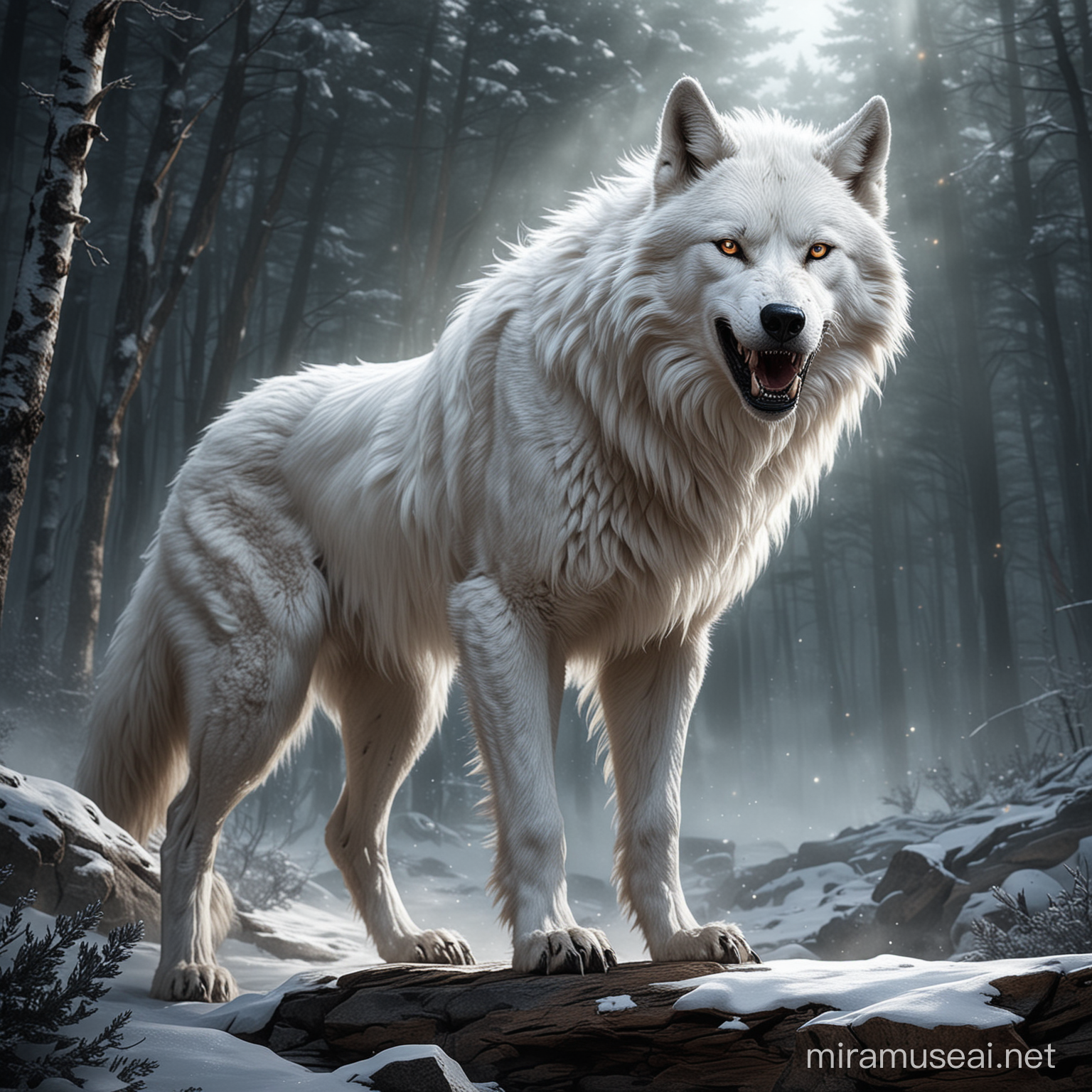Fenrir is a huge hairy beast, resembling a giant wolf. He has shining white fur