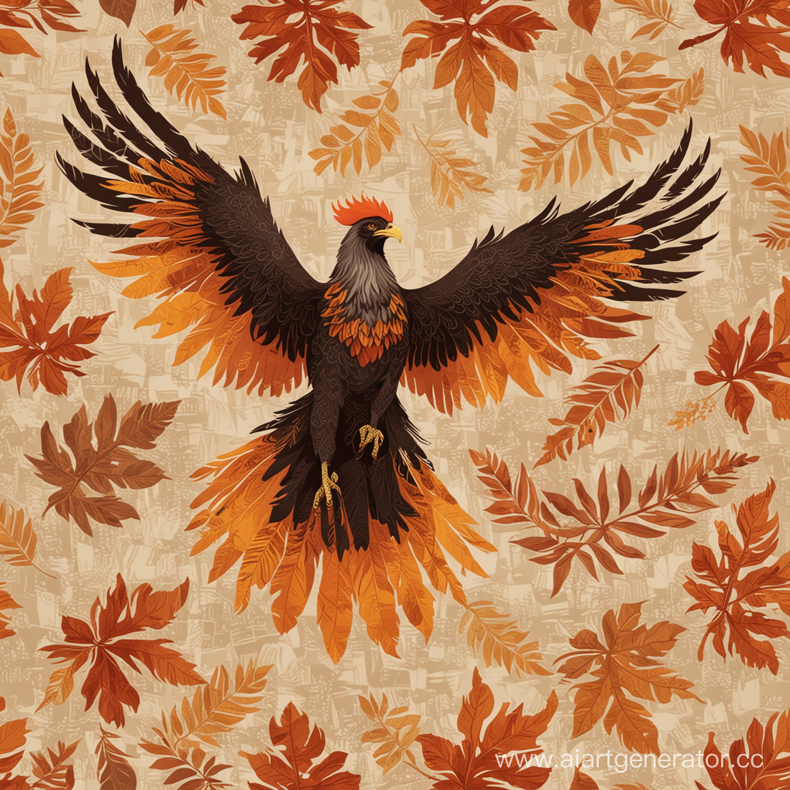 Eagle: Silhouette, dark brown or black, massive body, wide wings, golden yellow beak and talons.
Rooster: Silhouette, red or orange, bright feathers, raised tail, black or dark gray tail and wing feathers.
Month of September: Pattern or symbolism, autumn leaves or month from the calendar, shades of brown, orange, gold.
Background: Neutral, light brown, gray or white, smooth surface.
Characteristics: Stylized and graphic style, power, energy, use of geometric and curved shapes.